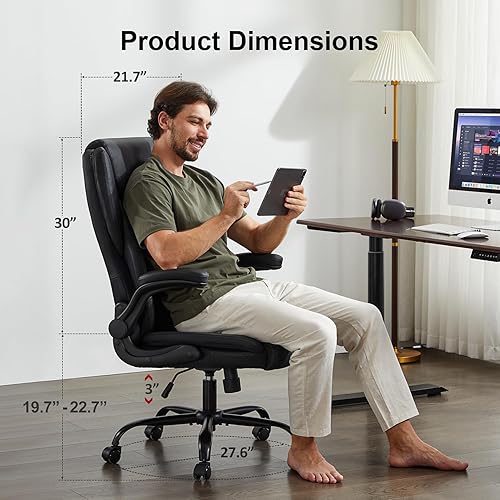 Miniatura 2 de Silla de oficina, grande y alta, 400 libras, silla ergonómica de cuero para computadora con brazos abatibles acolchados, bloqueo de inclinación