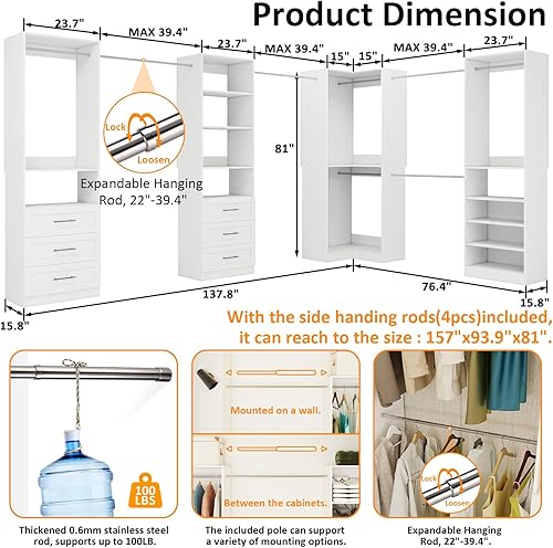 Miniatura 4 de Sistema de armario con 4 juegos, sistemas organizadores de armario de 101.9 pulgadas con 6 cajones y 8 varillas para colgar y estantes ajustables,