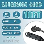 10 Ft Flat Plug Extension Cord,16/3 SJT Indoor Low Profile 3 Outlets Extension Cable with 45° Angled Flat Plug, Multiple Outlets Extension Cord, Black