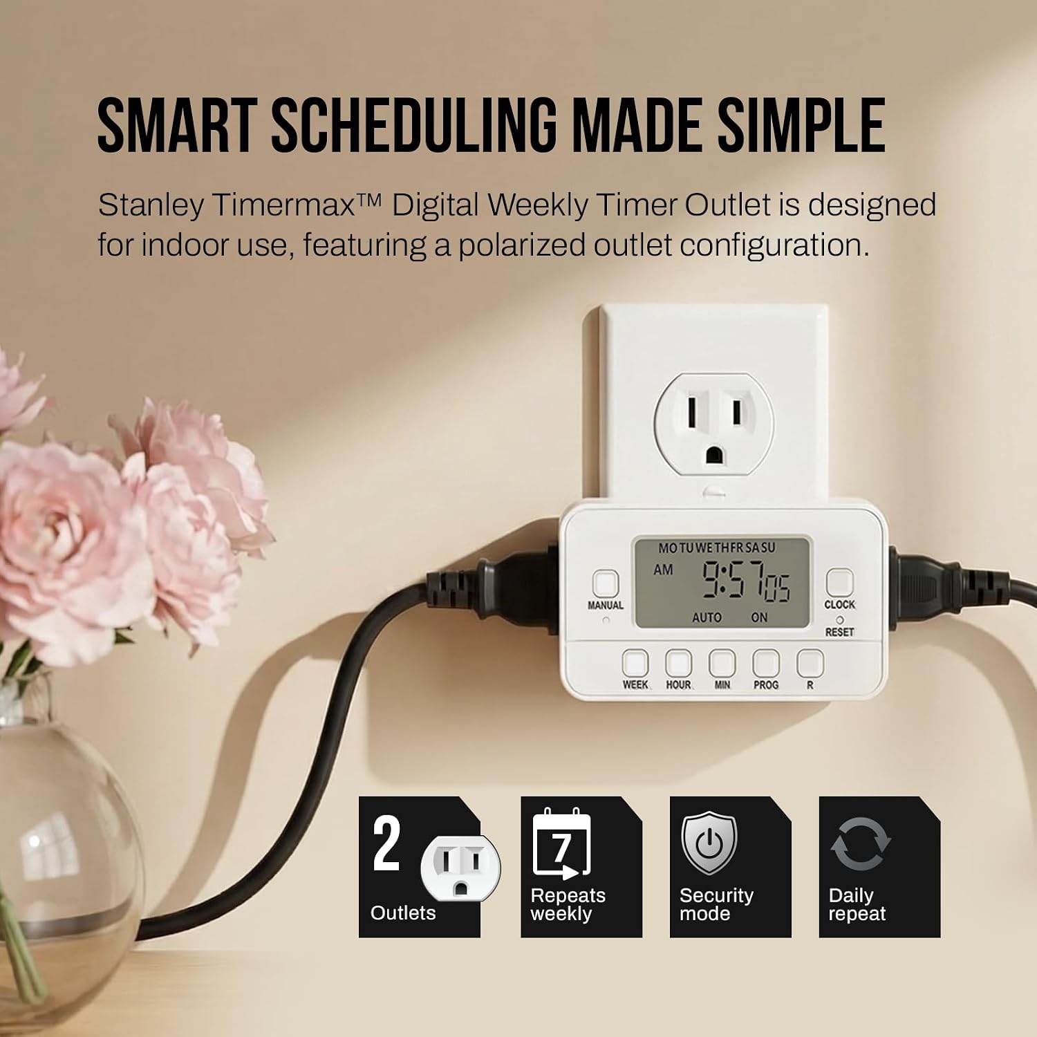STANLEY 2 Grounded Outlet Digital Weekly Timer Security Mode 8 On/Off Program Repeat Weekly Manual ON Override Switch Easy Set Digital Bar Timer