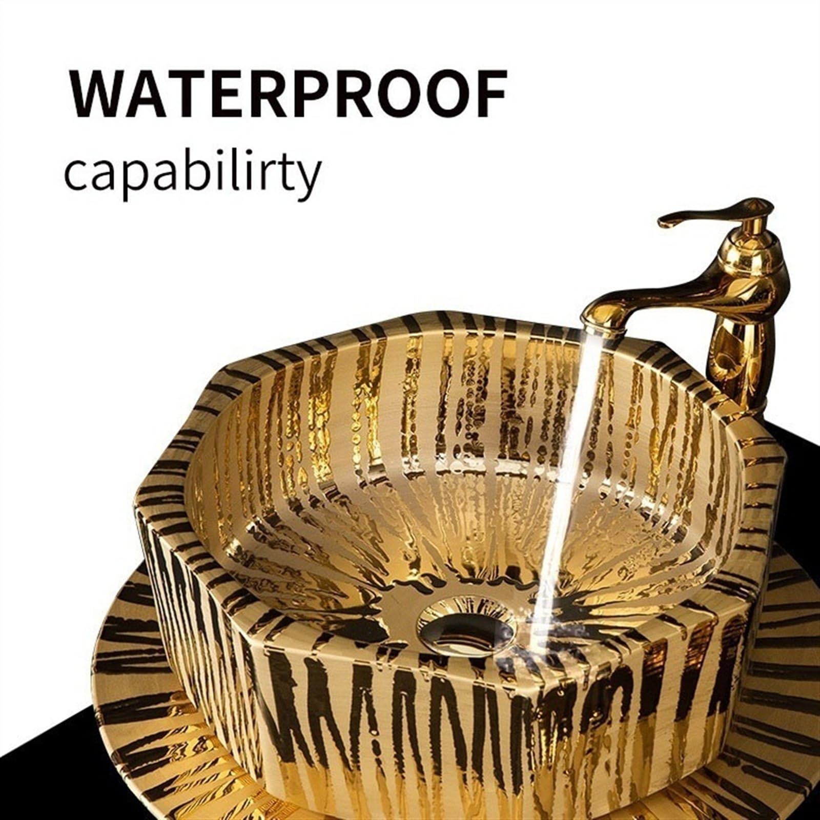 Fregadero de lavabo de pie de 3 piezas, lavabo dorado de lujo con grifo y drenaje y espejo, tamaño A, B-One Size