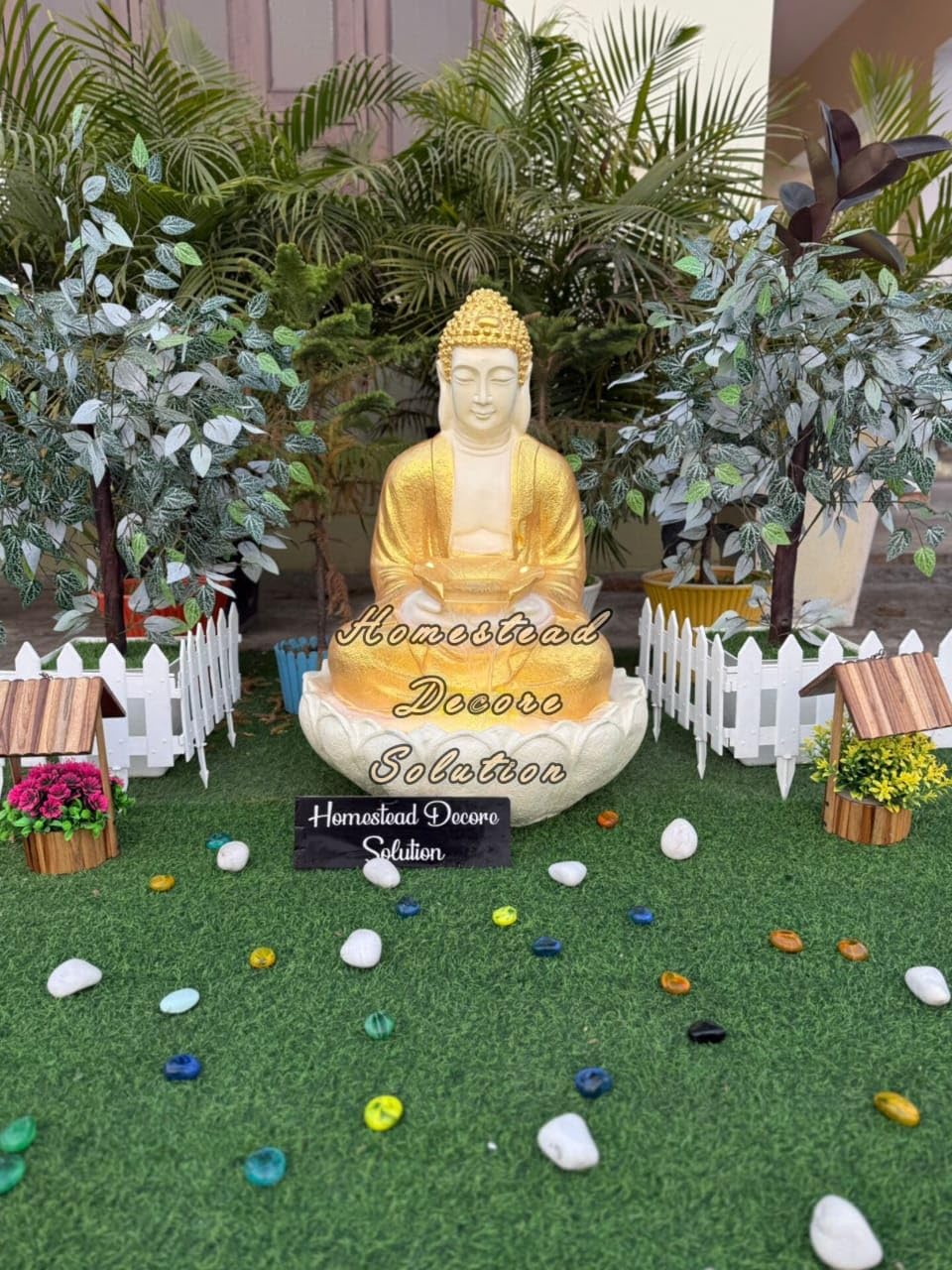 Homestead Decore Solution 3 feet Lotus Buddha Water Fountain with LED Light | Indoor/Outdoor Decor, Lotus Pedestal Base, Meditating Pose, Gold & White Finish, Garden Decor-image-41