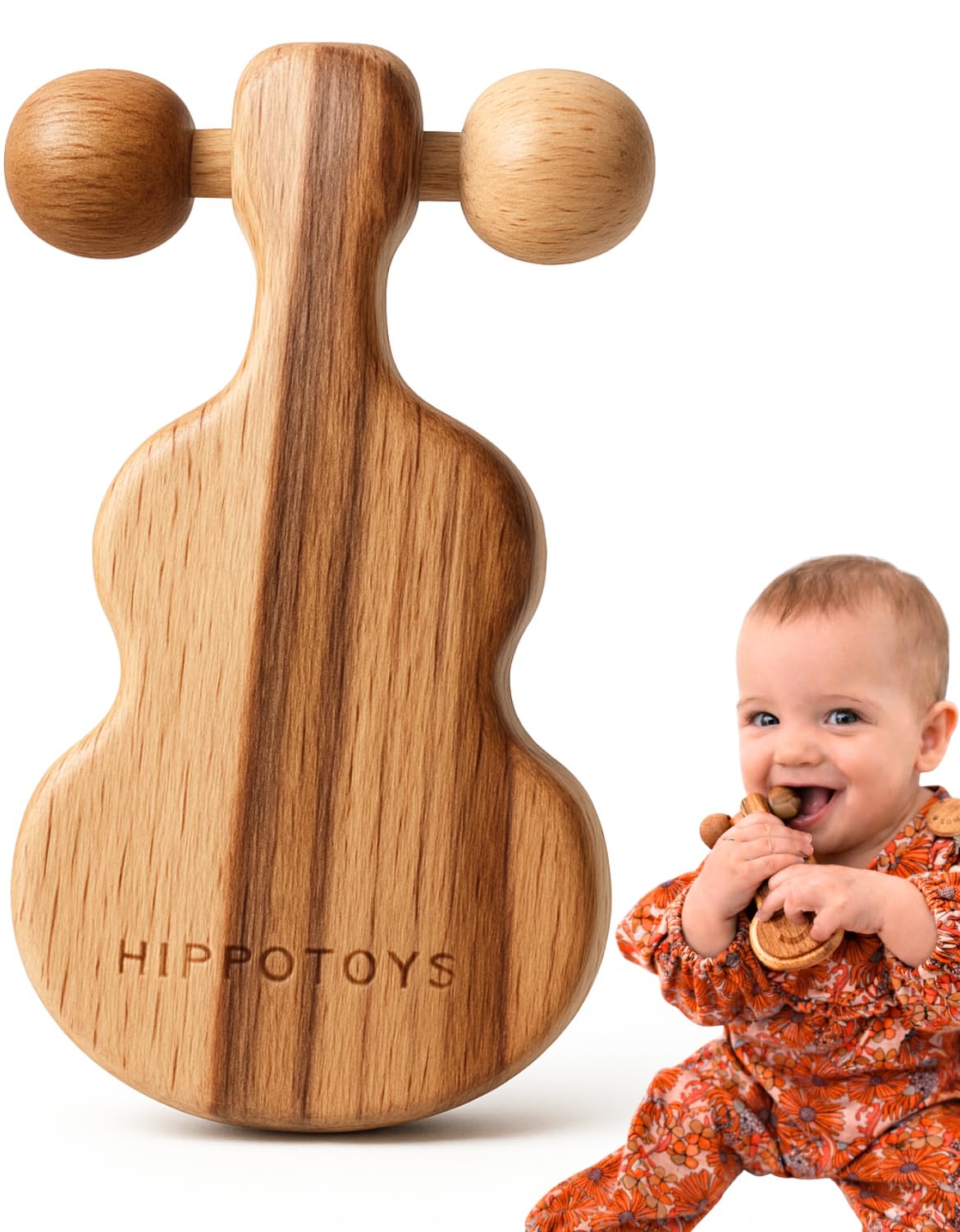 Baby Rattle Wooden Teether Baby Teething Toys - Wooden Baby Toys Sensory - Montessori 0-12 Months, CPSIA Certified, BPA Free No Paint No Plastic, Natural Wood
