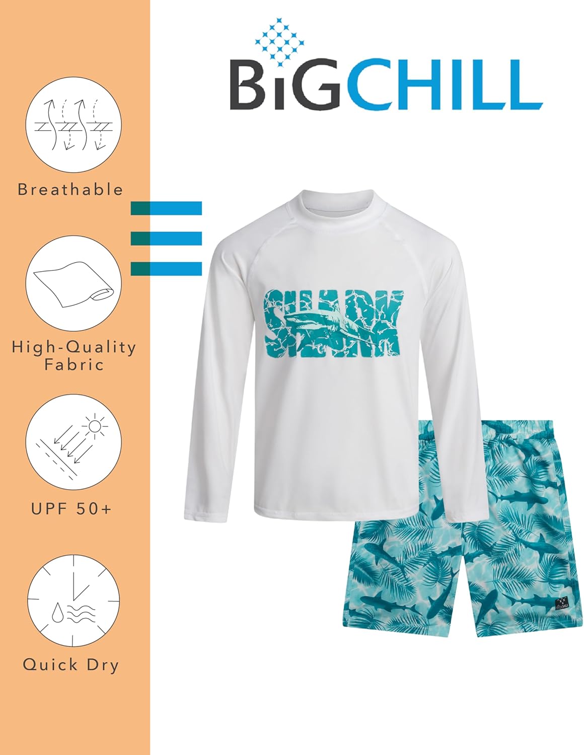 Big Chill Boys Rash Guard Set - 2 Piece UPF 50+ Boys Swim Trunks & Long Sleeve Boy Swim Shirt Youth Bathing Suit Swimwear Set