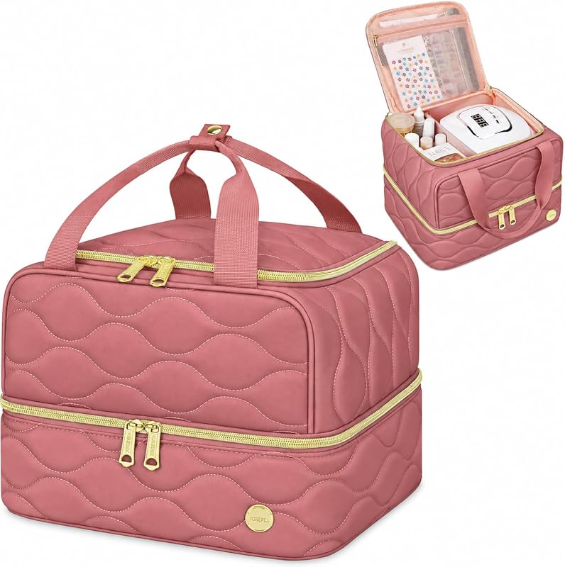 YOREPEK Estojo para Esmaltes com 42+ Frascos, Compartimento Ajustável e Bolso de Malha, Rosa Antigo Escuro