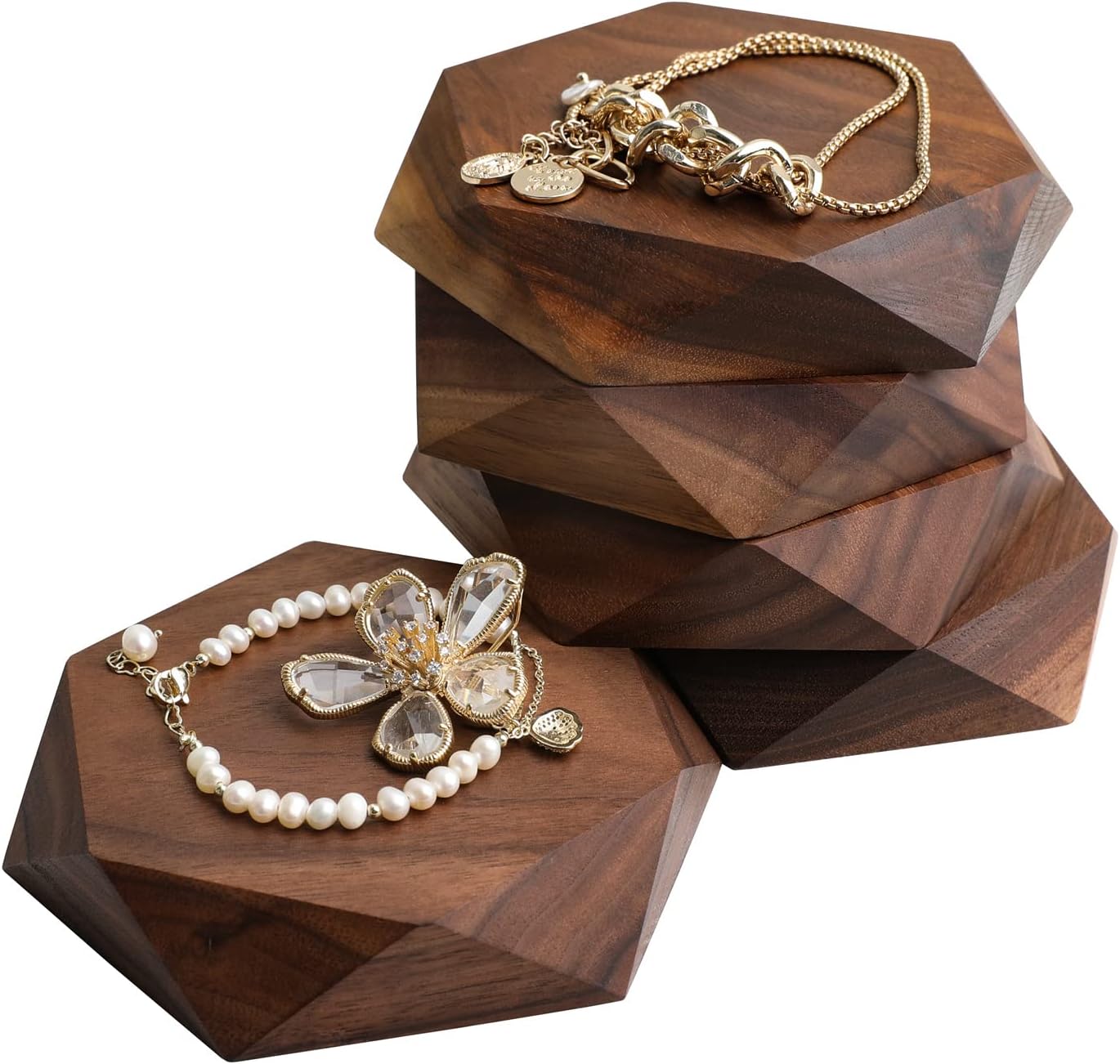GemeShou 5pcs Wood Jewelry Tray Hexagon Display Riser Stand Set, Retail Jewelry Shop Display Riser【Walnut Hexagon 5pcs Large】