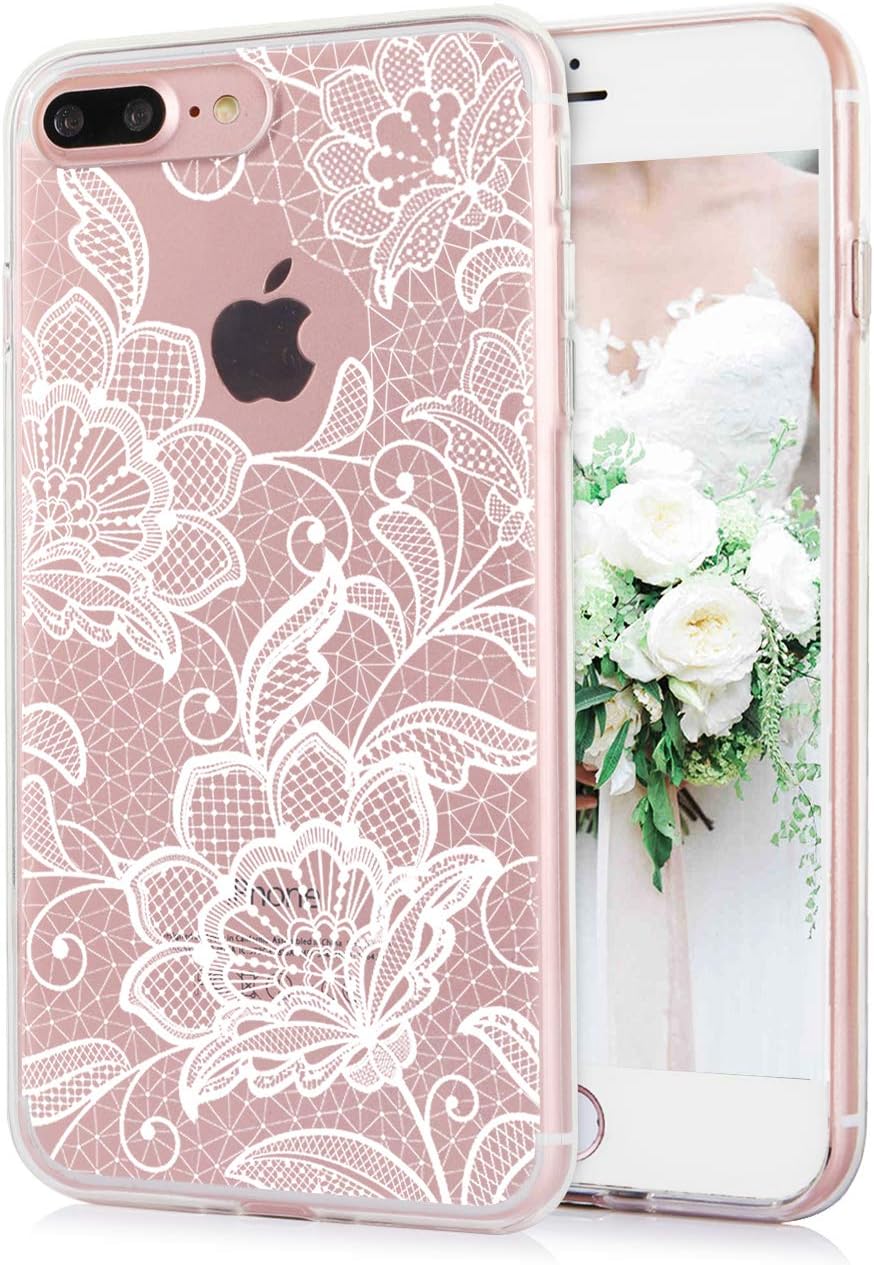 iPhone 8 Plus Case iPhone 7 Plus Case, Floral White Lace Paisley Flowers Pattern, Clear IMD Hybrid Hard TPU Back Cover Shockproof Protective Phone Cases for Women Girls-[5.5"]