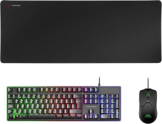 Mars Gaming MCPX, Combo Gaming 3en1 con Teclado H-Mech Iluminado, Ratón Ultraligero 10000 dpi con Software y Alfombrilla XXL, Compatible con PC, PS4, PS5, Xbox, Idioma Español, Negro