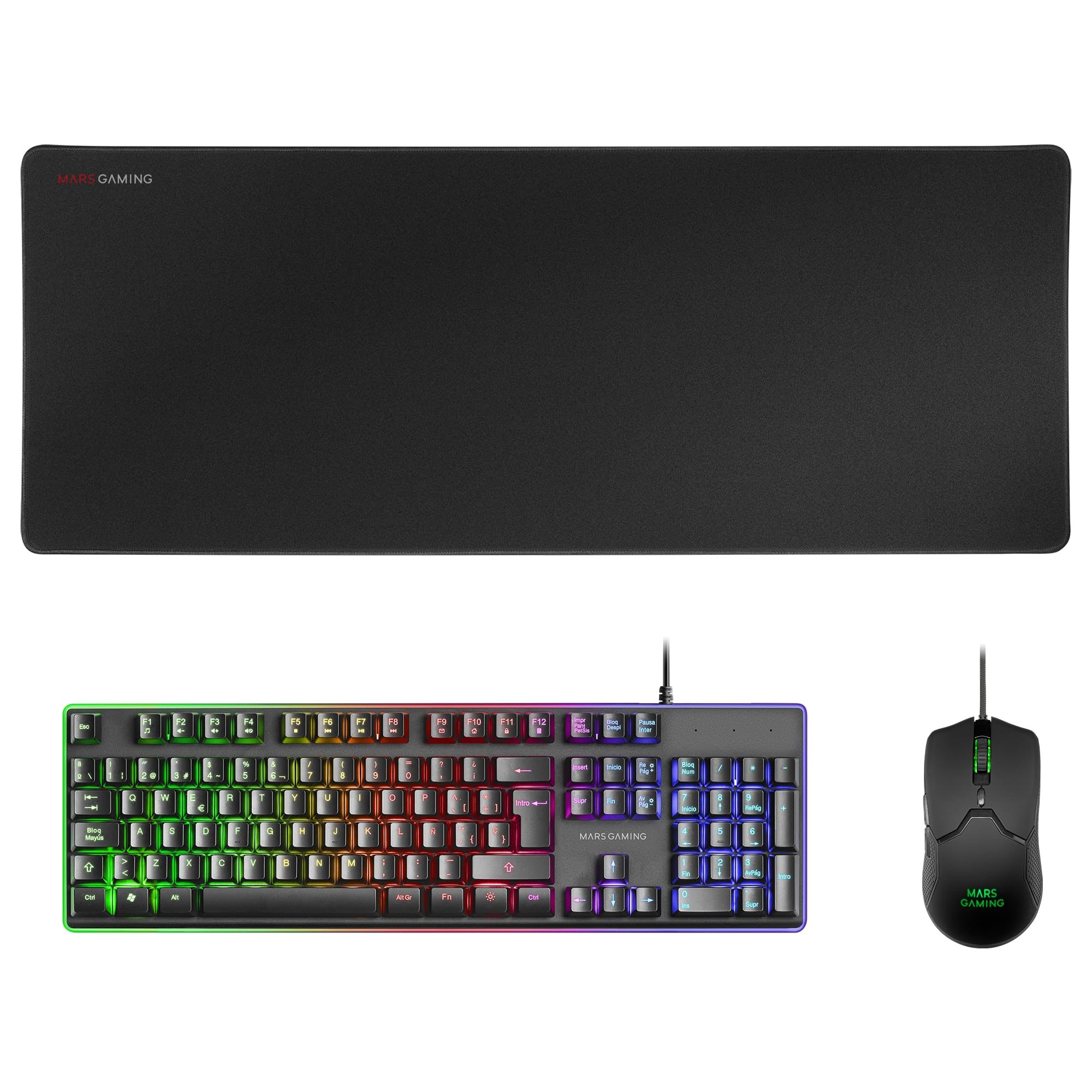 Mars Gaming MCPX, Idioma Español, Combo Gaming 3en1 con Teclado H-Mech Iluminado, Ratón Ultraligero 10000 dpi con Software y Alfombrilla XXL, Compatible con PC, PS4, PS5, Xbox, Negro