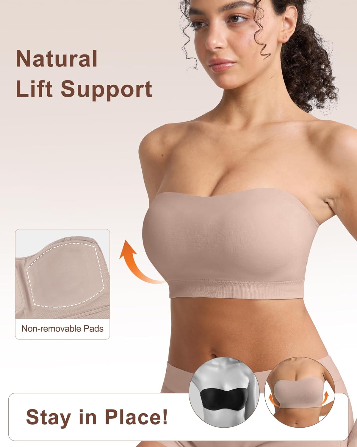 Strapless Bras for Women Non Slip Padded Bandeau Bra Tube Top with Fabric & Clear Straps Seamless Bralette 3 Pack - Image 3