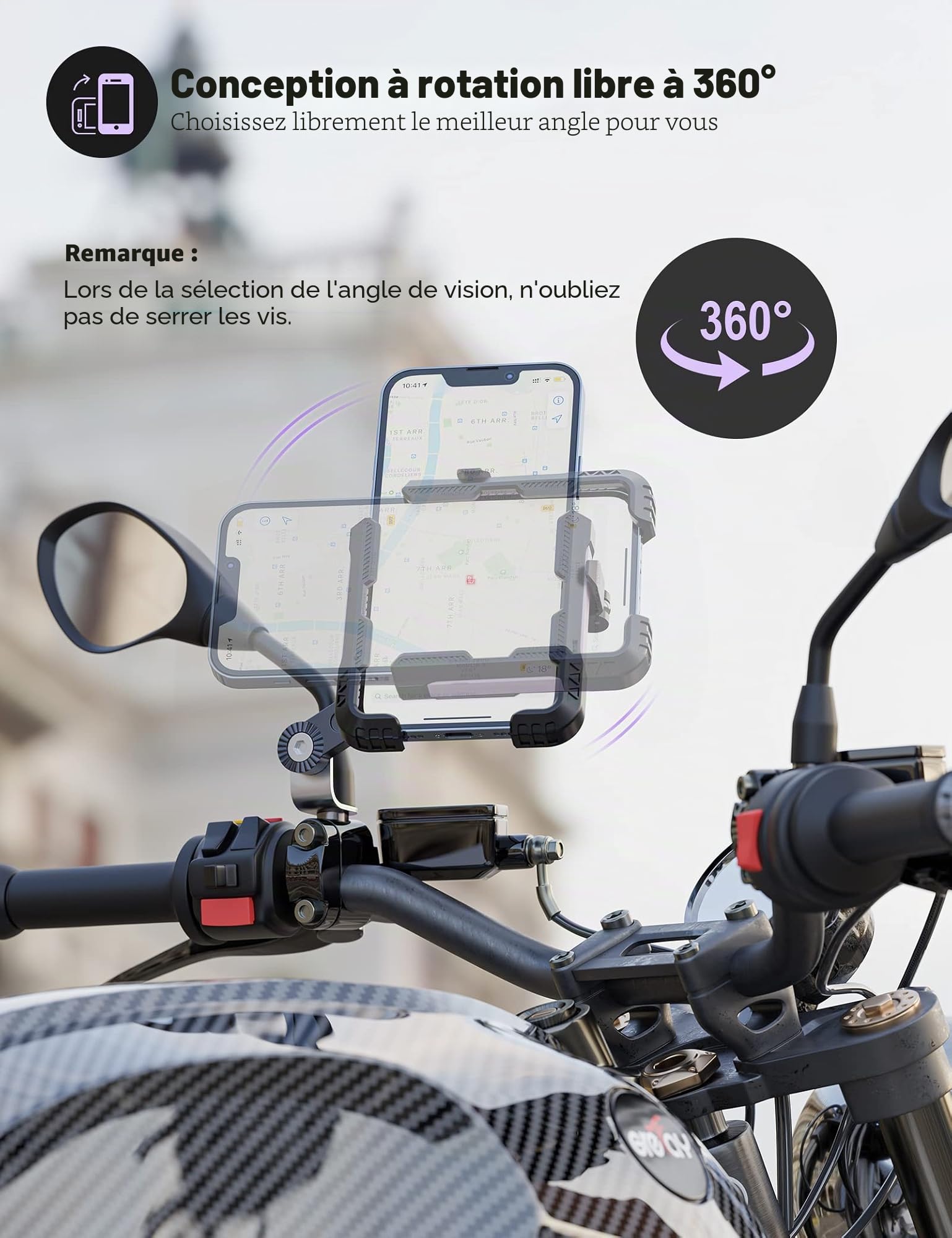 Grefay Support Téléphone Moto Support de Guidon pour Téléphone de Moto Rétroviseur【2 Méthodes de Connexion + Démontage Rapide 1S】 avec Rotation à 360 pour Smartphone de 4,0 à 7,0 Pouces