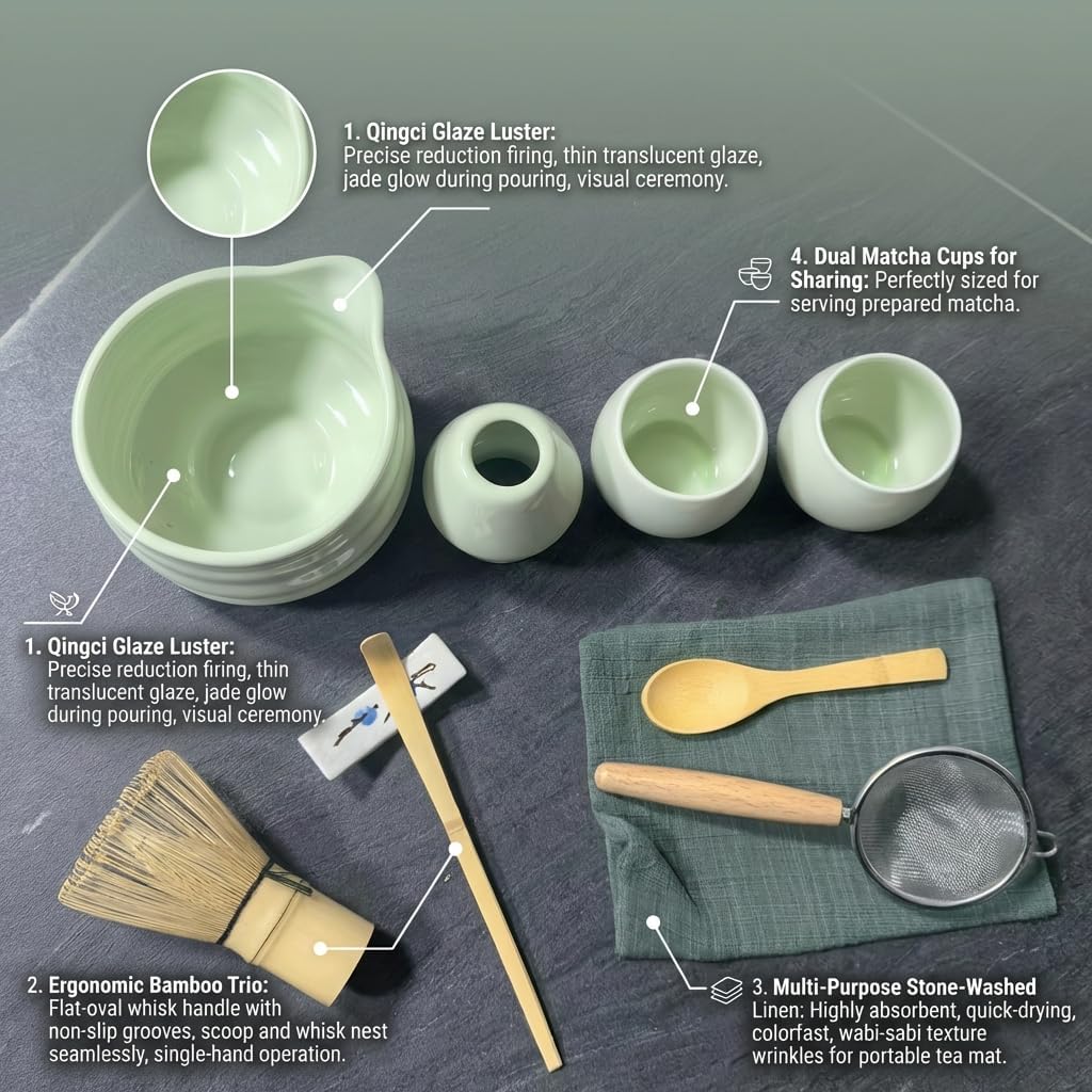 Matcha Tool Set, 10 Piece Traditional Japanese Tea Ceremony Kit with Bamboo Whisk, Ceramic Bowls, Cups, Strainer, Spoons, Holder and Cloth (light green)