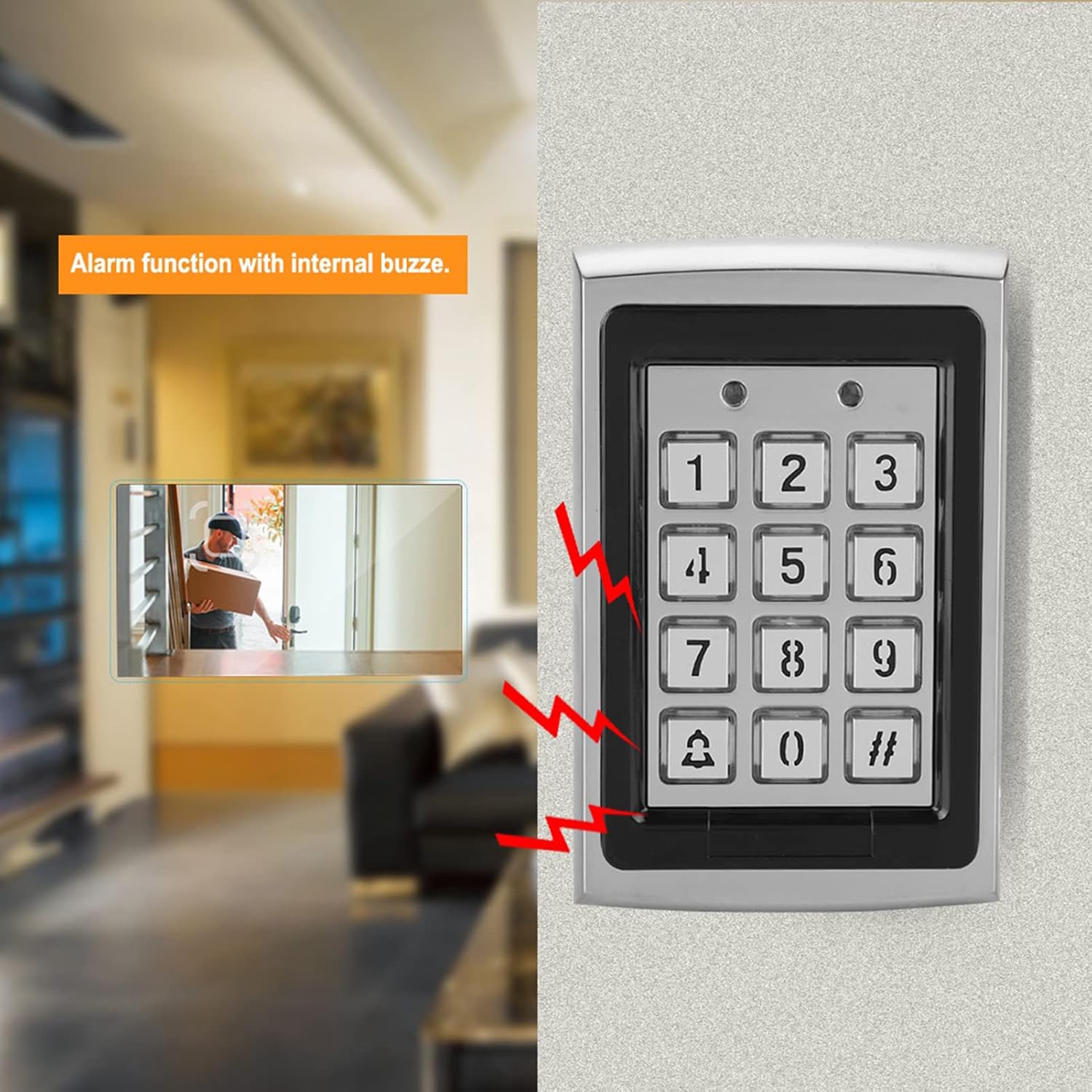 Sonew RFID Access Control Keypad showing red lightning bolt icons emanating from it, indicating an alarm function. A small inset image shows a person opening a door.
