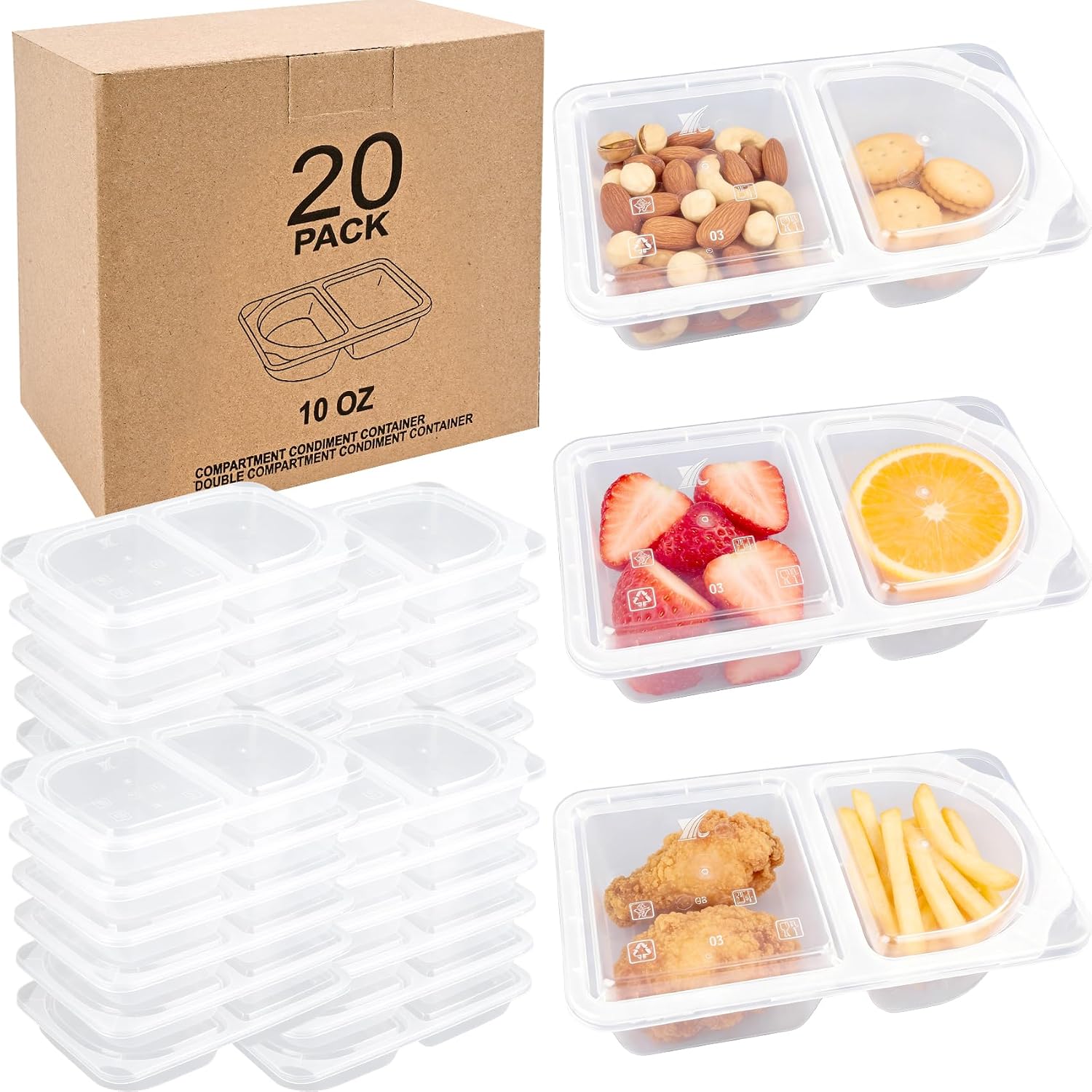 Reusable 10 OZ Snack Containers Compartment with Lids - 10 Sets Snack Containers, Double Snackle Box Compartment Condiment Containers, Snack Box for Sauce and Snacks