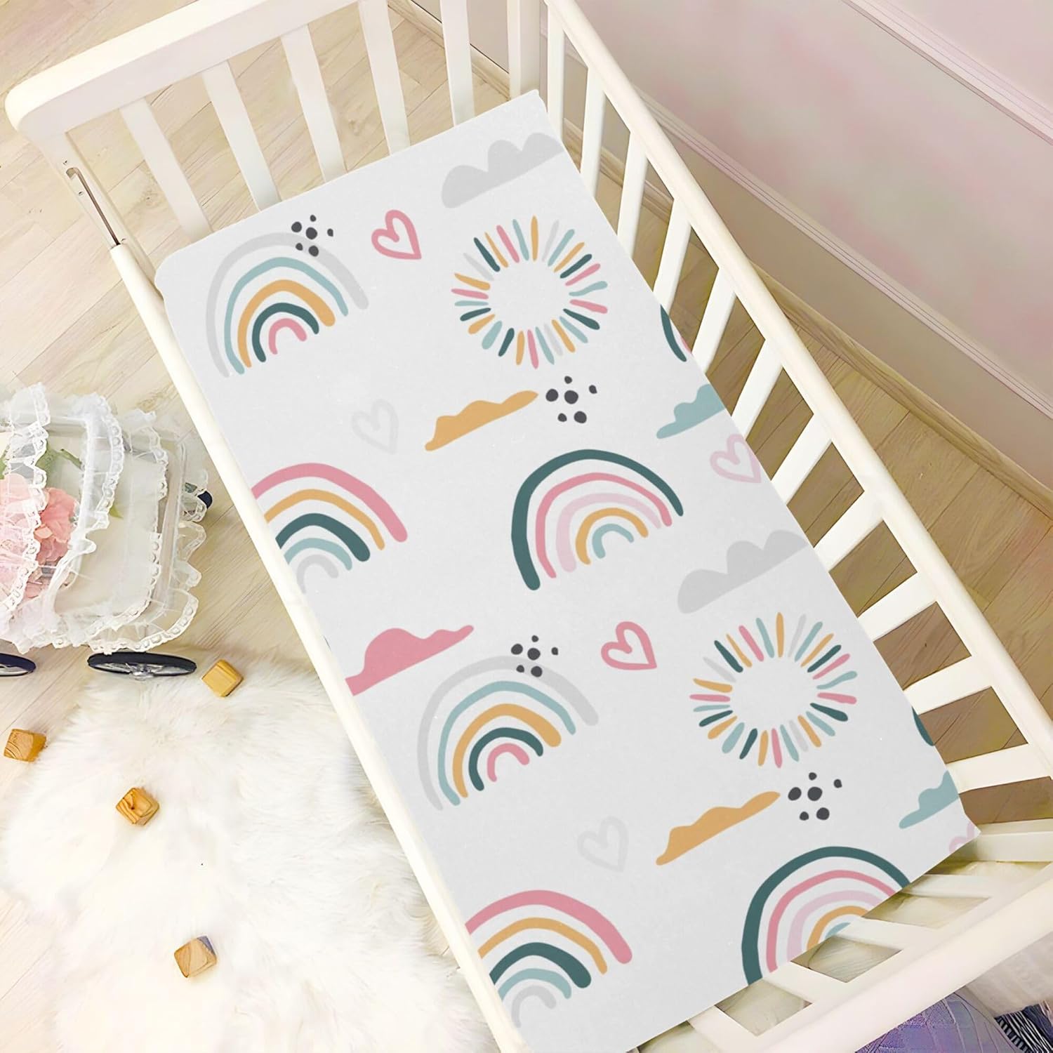 xigua Rainbow Sun Crib Sheet Soft Breathable for Standard Crib and Toddler Mattress,Girls and Boys(52 * 28 * 9in)