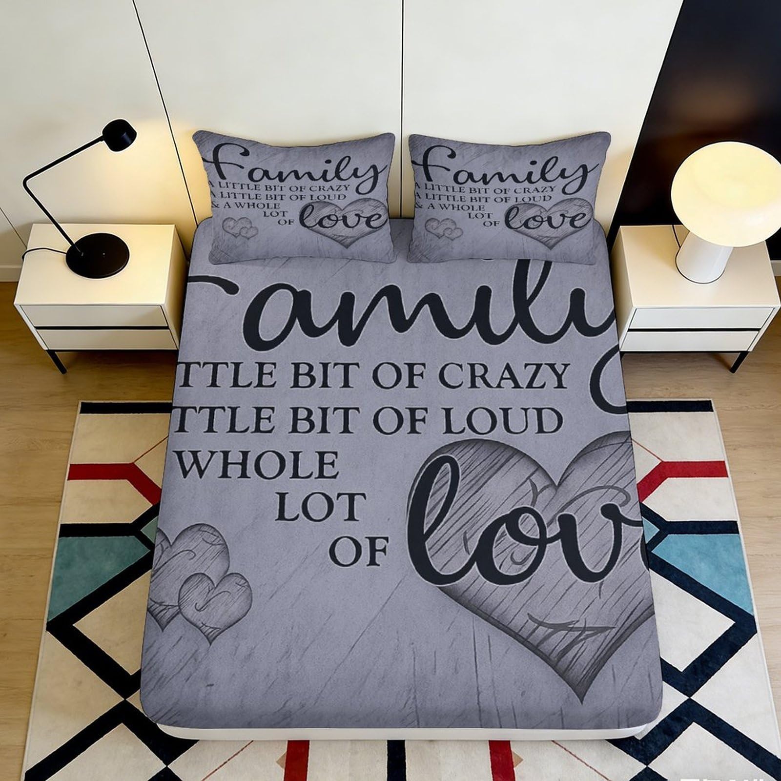 3D Printed Family Quote Fitted Sheet Microfiber Grey Heart Bed Cover Anti-Slip Machine Washable for Bedroom Dorm 120x200x25cm