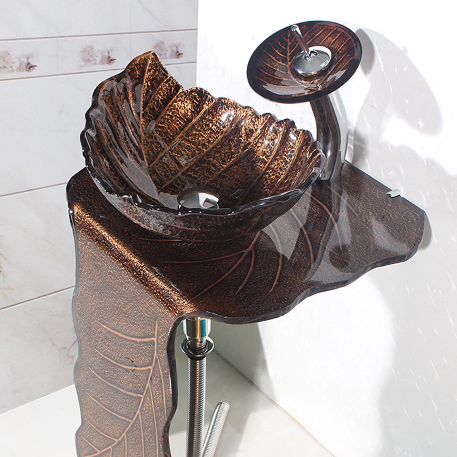 Lavandino in Vetro temperato Artistico con Rubinetto Cromato a Cascata Combinato e lavandino Pop-up con Scarico per lavabo (Colore: A, Dimensioni: 55x35x17,5 cm)