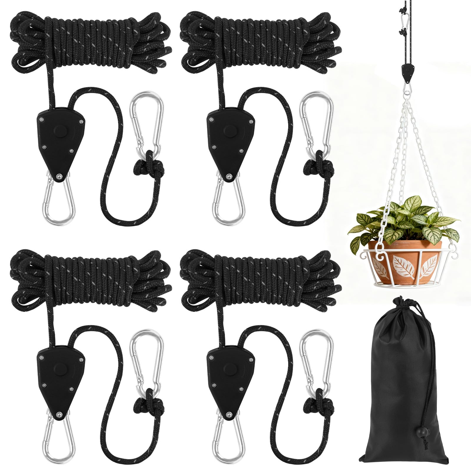 NUTKIT 4 Pack Tent Guy Ropes, 4 mm Ratchet Guy Ropes with Rope Tensioner, 4 M Portable Adjustable Fix Camping Rope, Tent Guide Guyline Ropes for Camping, Hiking, Awning, Grow Lights(with Storage Bag)
