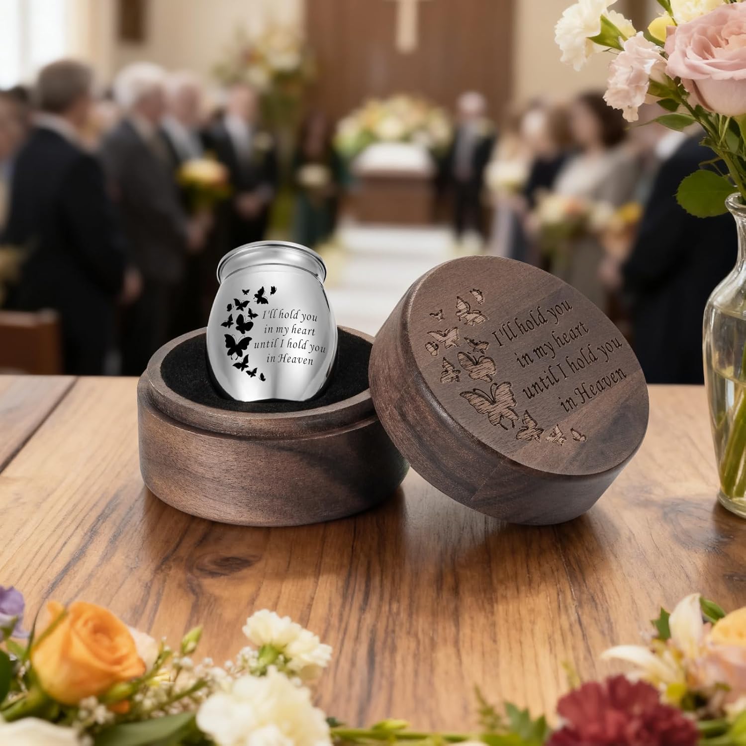 Dletay Butterfly Small Urns for Human Ashes Round Wooden Keepsake Box 1.57 Inches Mini Cremation Urns for Women Men Memorial Funeral Urn