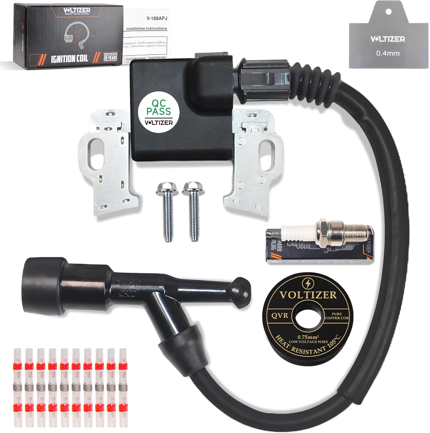 VOLTIZER 30500-Z5T-003 30500-Z5T-004 Coil – Fits Honda GX390 Ignition Coil with 4-Prong Connector – Includes Replacement Spark Plug and Installation Accessories – Factory Direct Value Kit