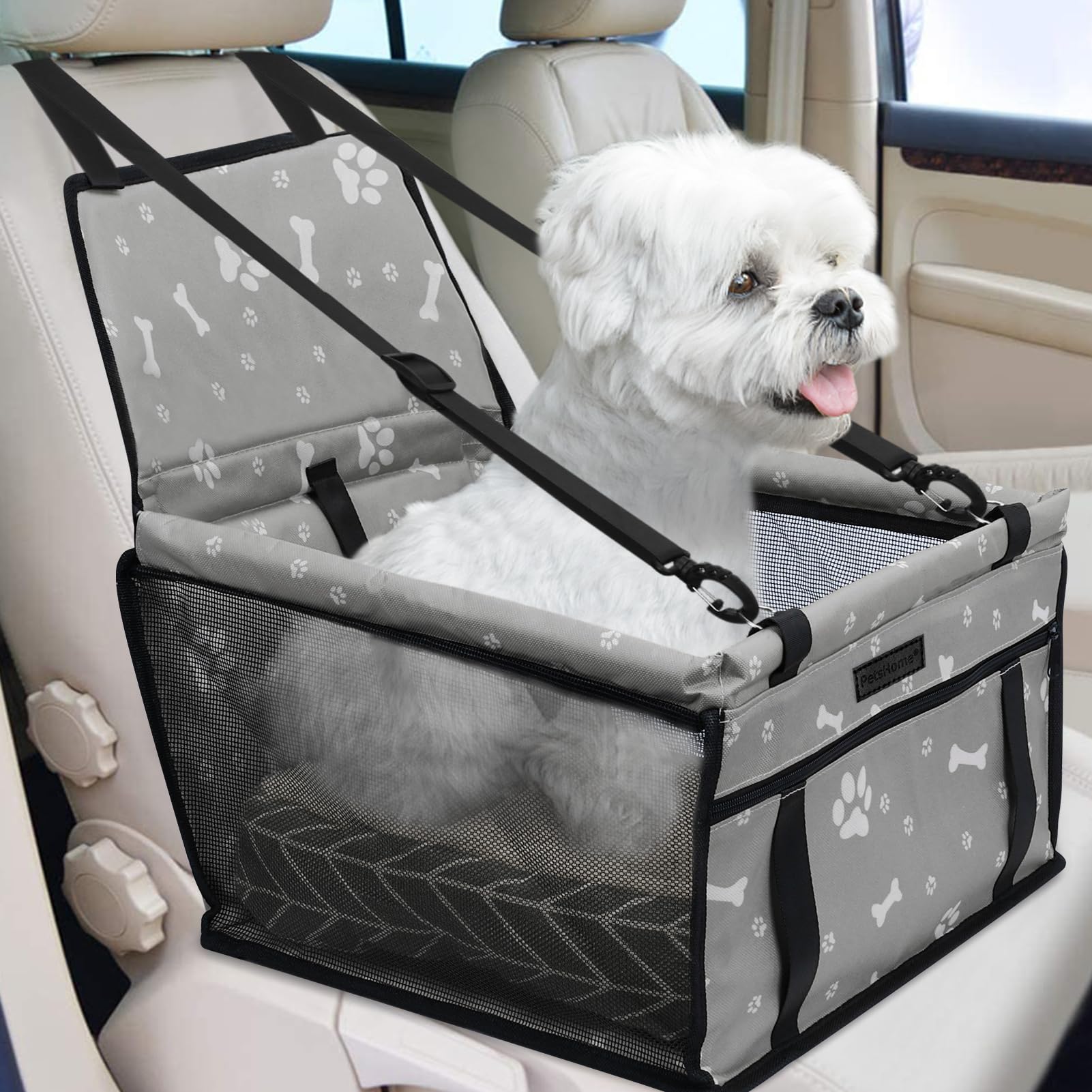 PetsHome Dog Car Seat Foldable Dog Car Booster Seat Waterproof Breathable Oxford Travel Bag for Small to Medium Dogs, Puppies, and Pets-Pattern Grey+