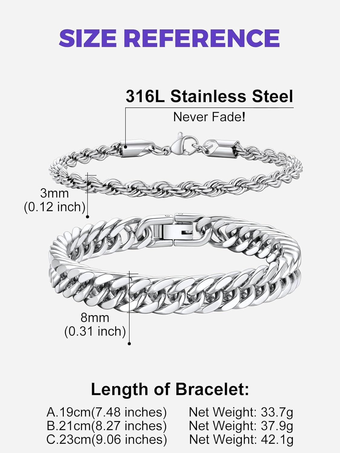 Richsteel 2PCS/3PCS Bracelets Chain for Men Women Stainless Steel Silver/Gold/Black Cuban/Rope Link Chain Bracelets Set, 7.4/8.2/9 Inch Hand Chain Length for Men Women Jewelry - Image 7