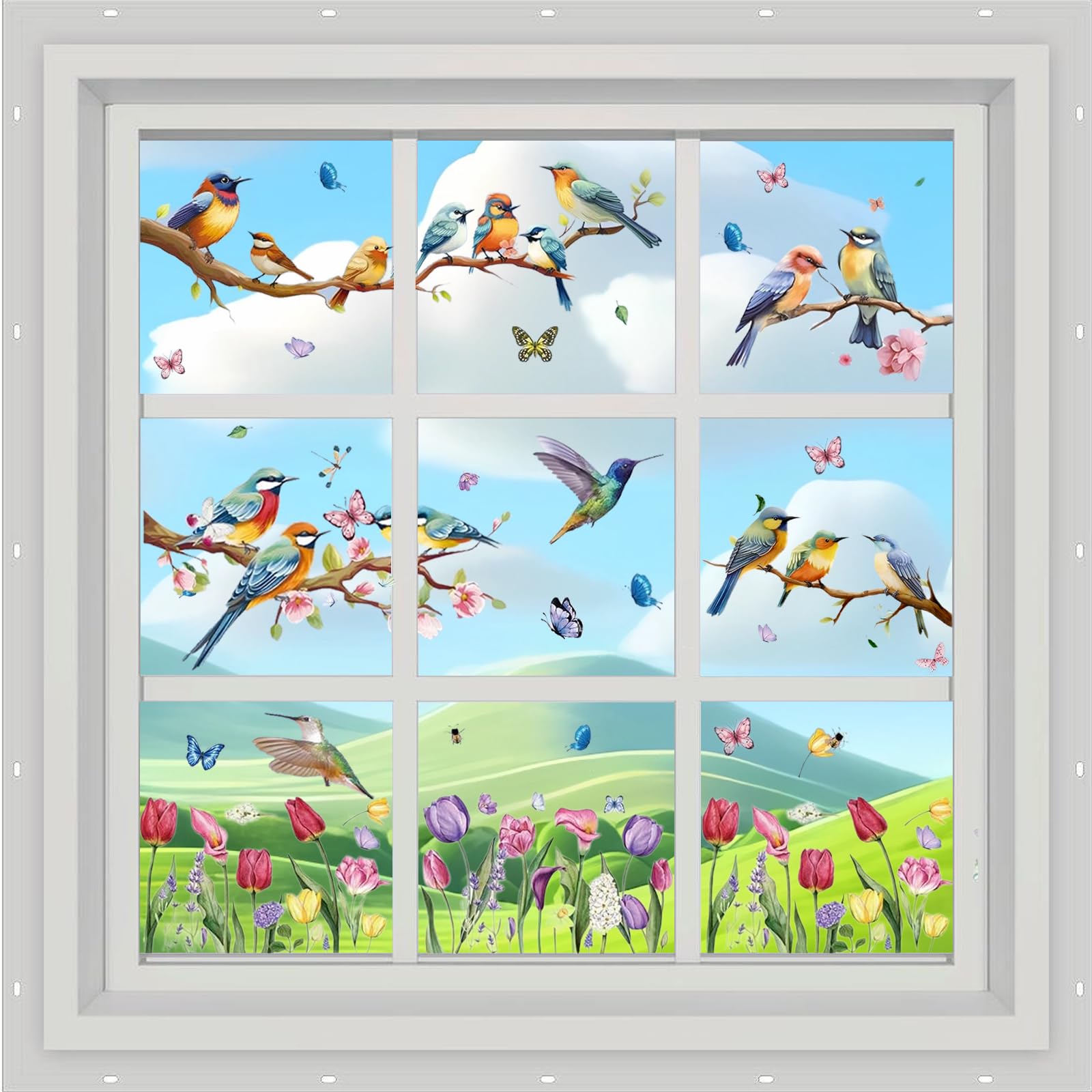 Autocollants Fenêtre Printemps 9PCS - Oiseaux Fleurs Papillons - Adhésif électrostatique Amovible - Décoration Saisonnière