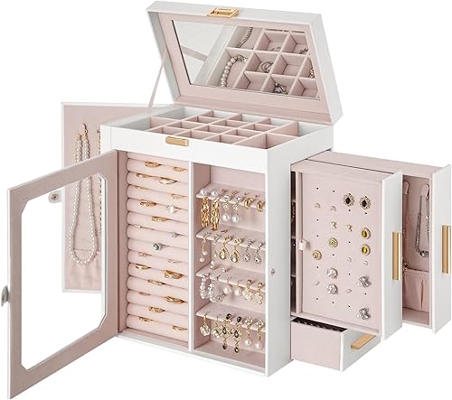 HOOBRO Joyero con espejo, organizador de joyas de viaje con ventana de cristal, estuche de almacenamiento de joyas, almacenamiento vertical, regalo