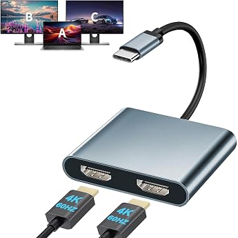 USB C Dual HDMI Converter Adapter Hub Type C Multi Display 3 Screen Output, Dual 2 Screen Dual Monitor Play Adapter 4K@60Hz 2-IN-1 Type C HDMI 2 Port Expansion Splitter Extension Mode Compatible with
