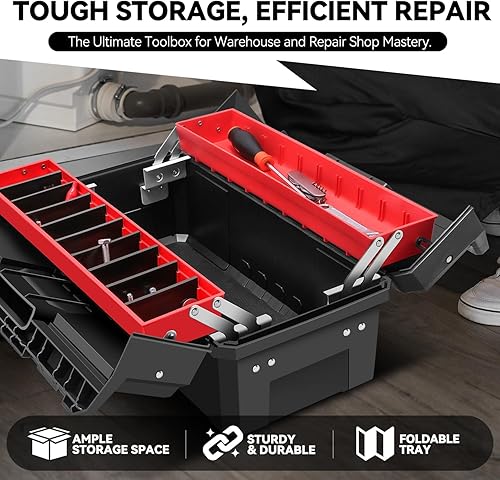 Miniatura 2 de Auto Dynasty Caja de herramientas portátil plegable de 2 capas con bandeja de mango antideslizante para garaje, taller y reparaciones sobre la