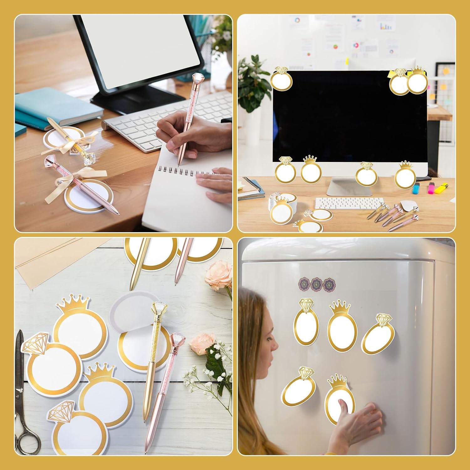 MotiMind 36 Pack Wedding Bridal Shower Party Favors Sets Diamond Ring Sticky Notes Set with Crystal Pens Self-Stick Ring Shaped Notepad Diamond Memo Pad for Guests Gift Home Decor Supplies