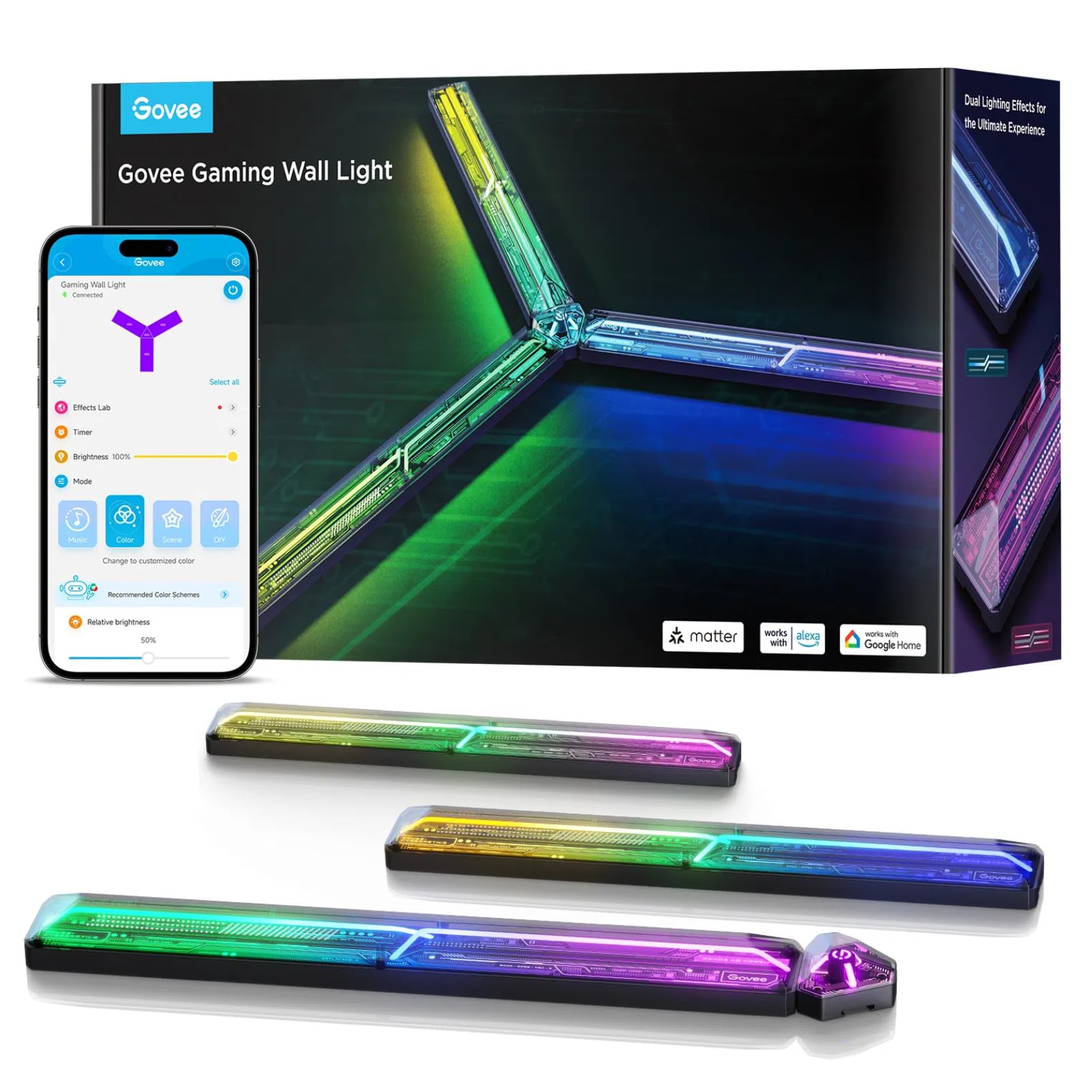 Govee Govee LED Gaming Glide Wall Light, RGBIC Wall Lamp with DIY Cyberpunk Style Shapes and Multicolours, 60+ Scenes Lighting Effects, Smart Light Work with Matter and Alexa, 3pcs and 1 Connector