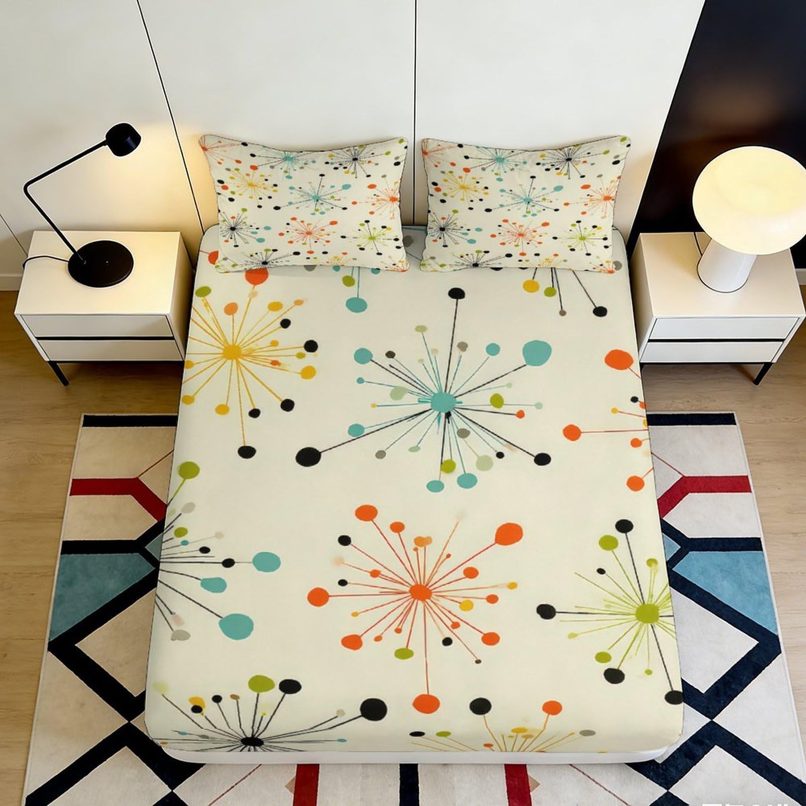 3D Printed Colorful Geometric Fitted Sheet Microfiber Deep Pocket Non-Slip Colorful Geometric Mattress Fitted Cover Wrap for Bedroom 120x200x25cm