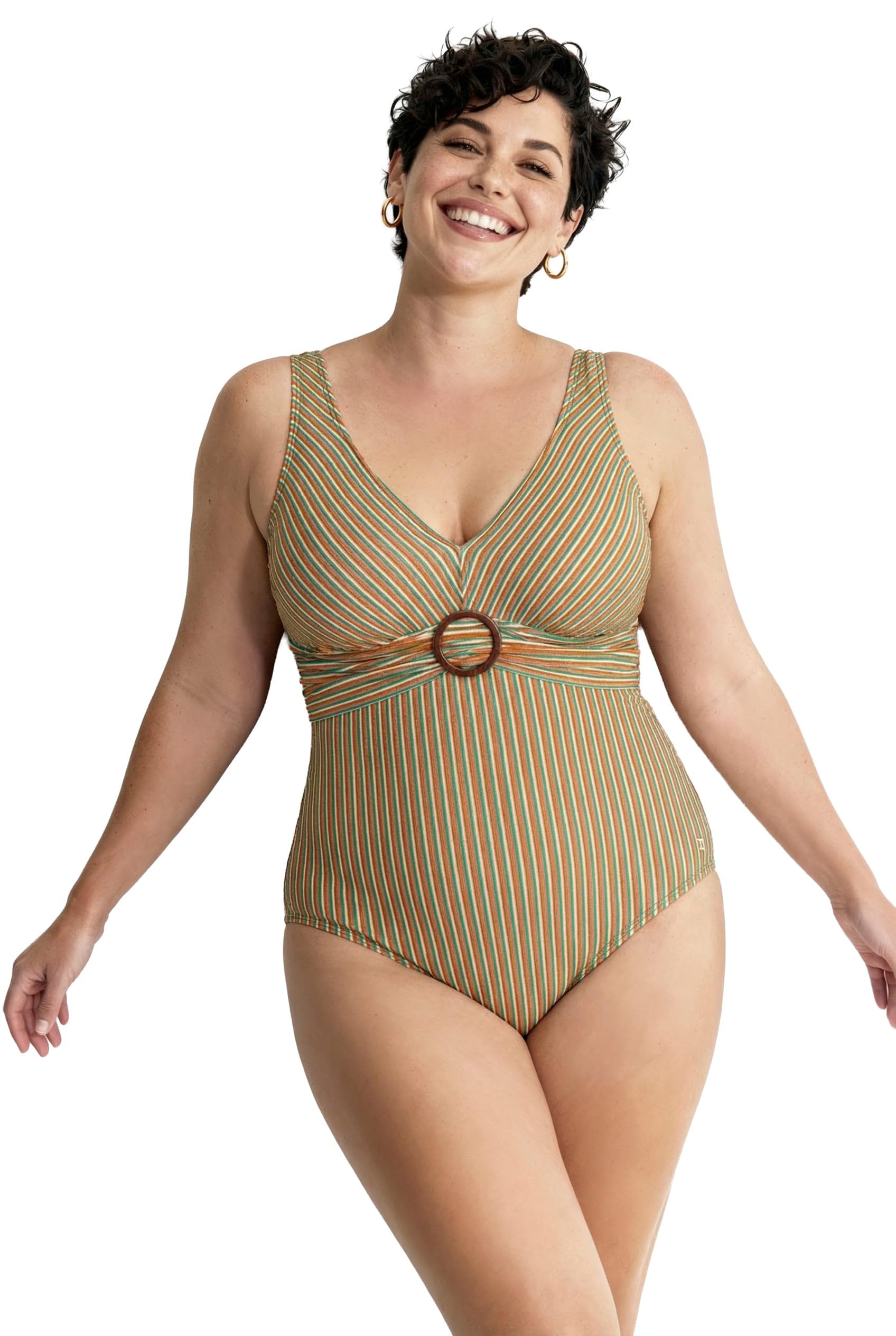 Ulla Popken Damen große Größen Übergrößen Plus Size Badeanzug, Streifenstruktur, Softcups, Zierring 846621