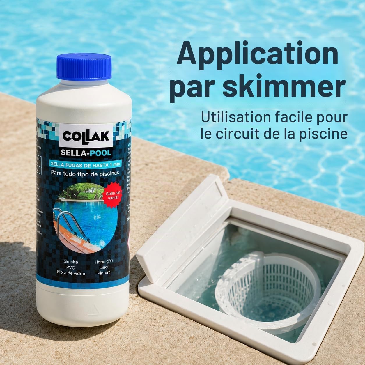 Collak - Scellant de Fuites pour Piscines Scella-Pool 1L – Répare les Fissures sans Vidanger – Compatible avec Liner, Béton, PVC, Fibre, SPA, Réservoirs et Tuyaux – Usage Professionnel et Domestique