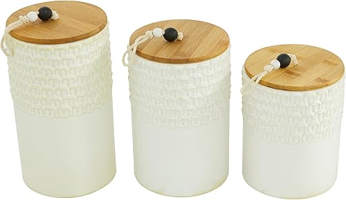 Miniatura 4 de Deco 79 Tarros decorativos de cerámica con tapas de madera, juego de 3 9 pulgadas, 8 pulgadas, 7 pulgadas de alto, blanco