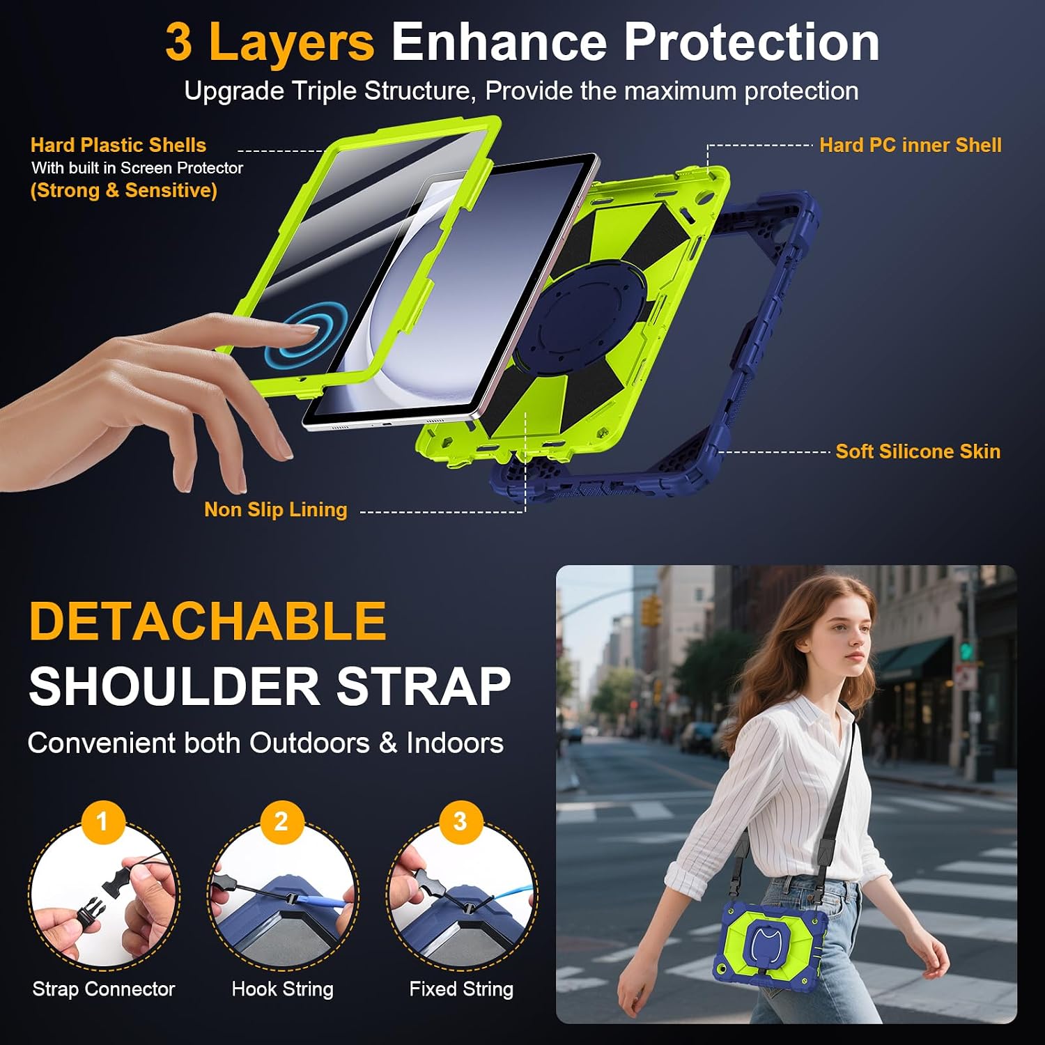 Case for Samsung Galaxy Tab A11+/A9+ Plus 11 Inch 2026/2024, Auorld Rugged Case for Samsung Galaxy A9+/A11+ Tablet with Screen Protector 360 Rotating Stand Shoulder Strap Pen Holder, Navy Green image 3