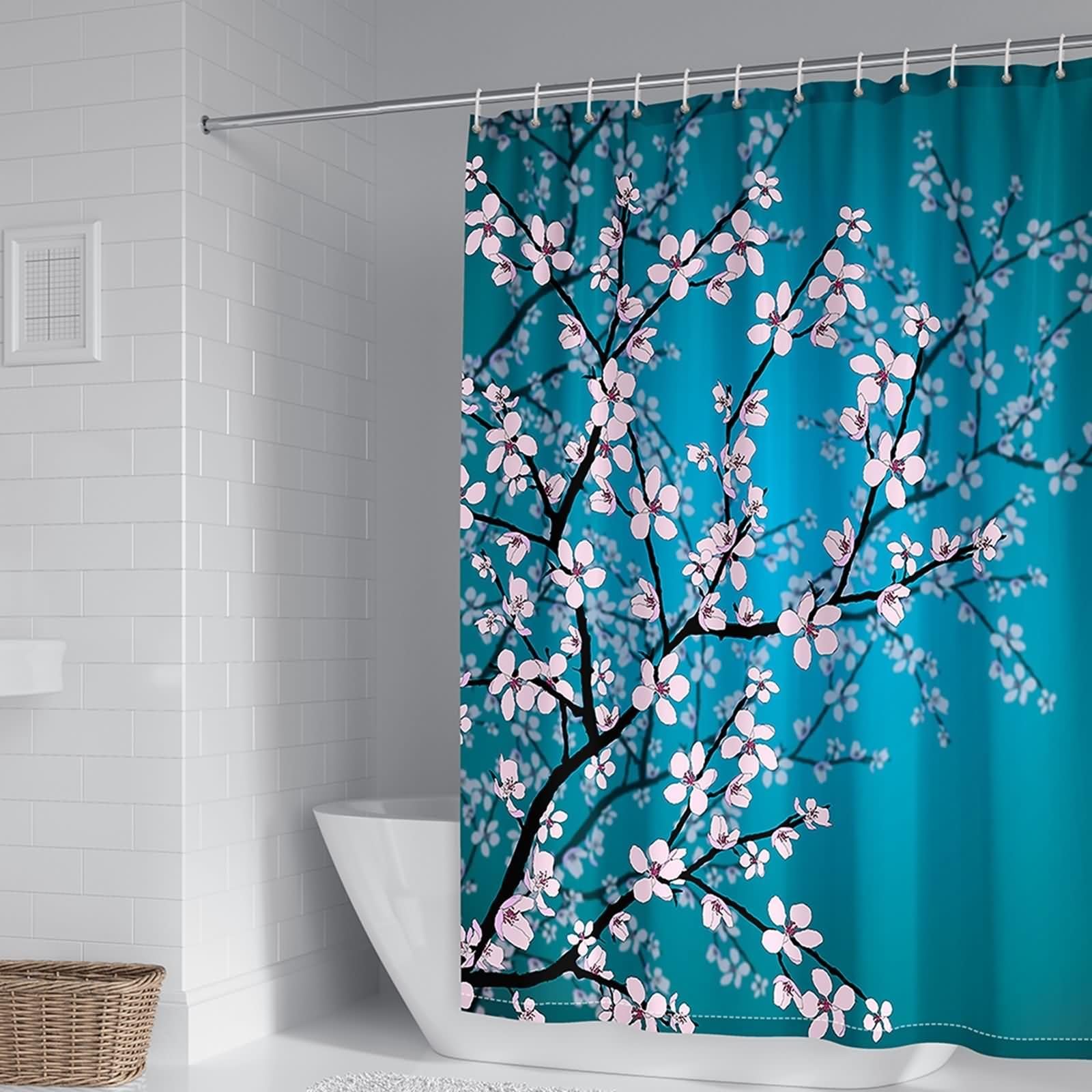 Rideau de douche grand format motif floral bleu rose avec anneaux inclus