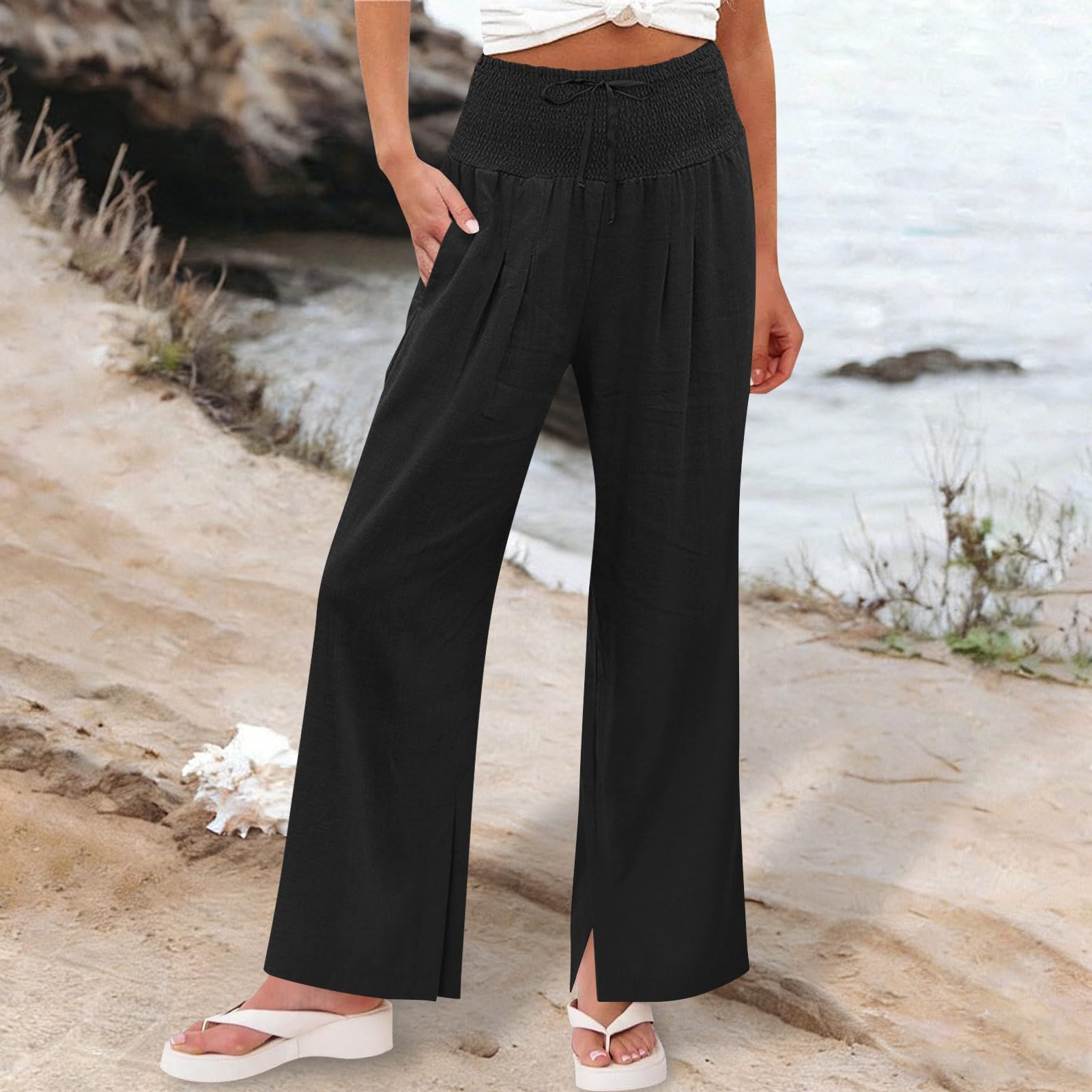 Linen Pants Women 2026 Summer Wide Leg Palazzo Pants High Waist Travel Flowy Trousers with Pockets Vacation Clothes — view 2