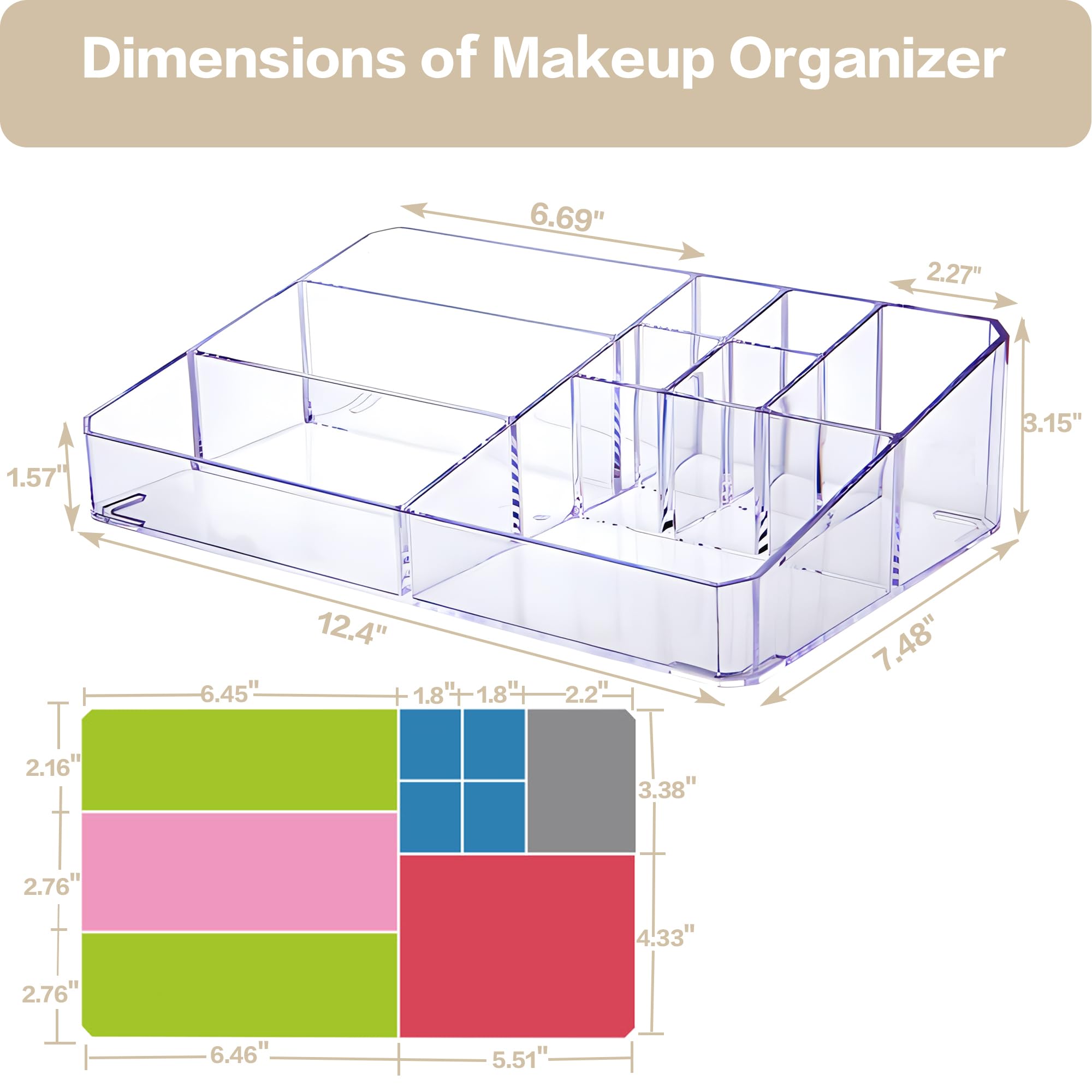 YOHOM Transparenter Make-up-Organizer Mit 9 Fächern & 2 Trennwänden - 20x8,5x10,1 Cm | Für Pinsel, Lippenstifte, Schreibtisch