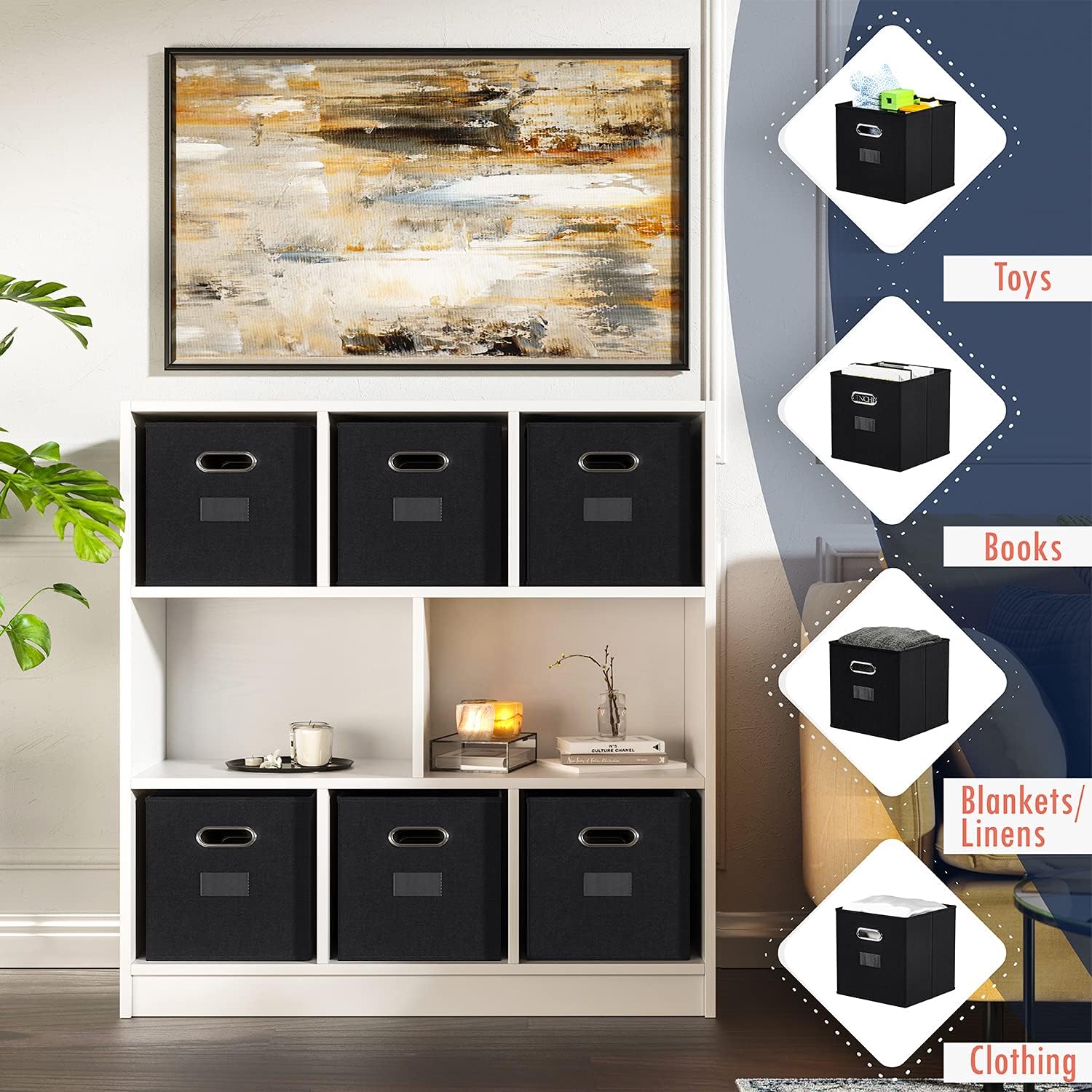 Ornavo Home Foldable Storage Bins Basket Cube Organizer with Dual Handles and Window Pocket - 6 Pack - 12" L x 12" W x 12" H - Black