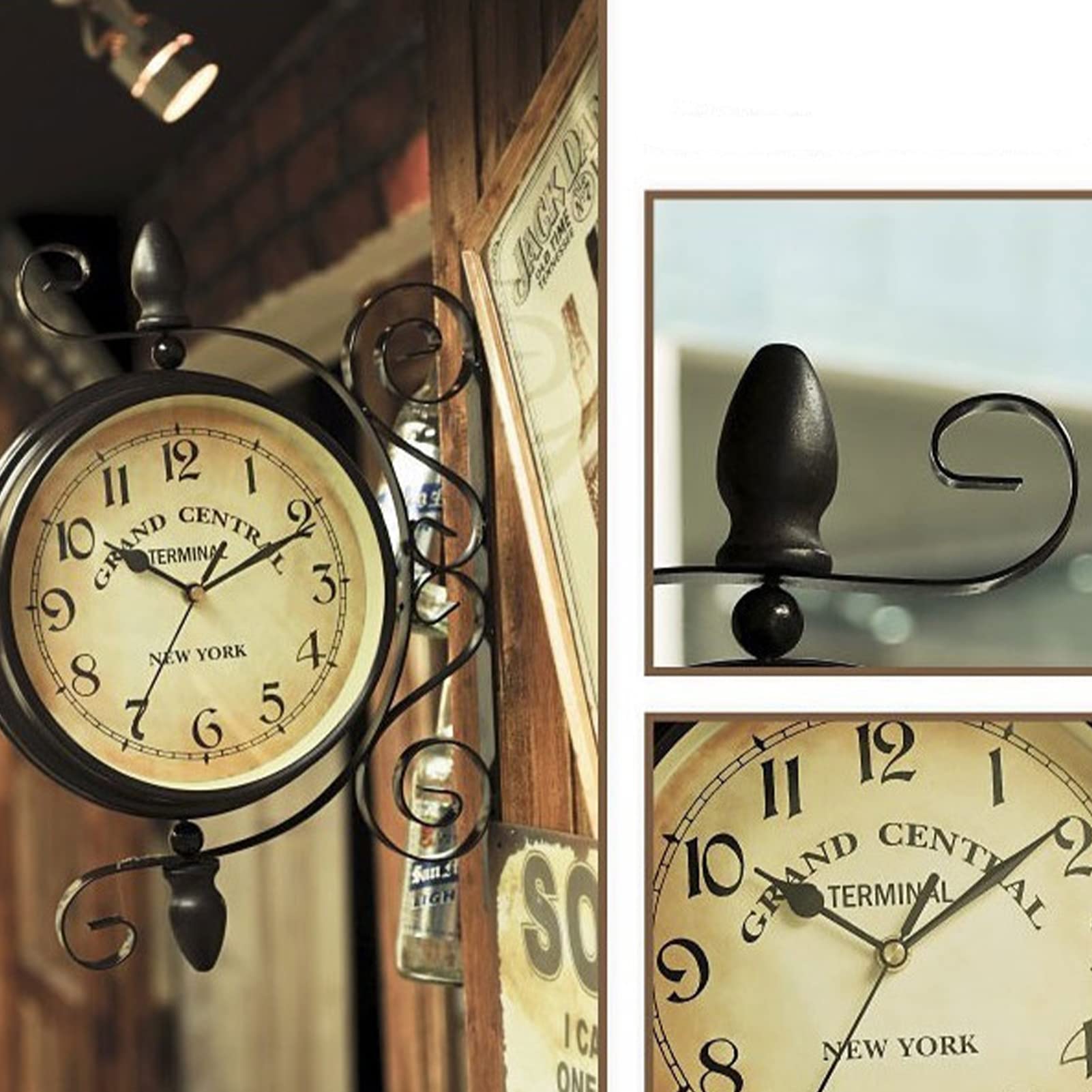 Horloge Murale Double Face Style rétro Antique Horloge Murale de Gare avec Design en Fer forgé, Horloge à Piles avec Chiffres Arabes Style rétro Horloge de Jardin pour Gare, Couloir ou Jardin