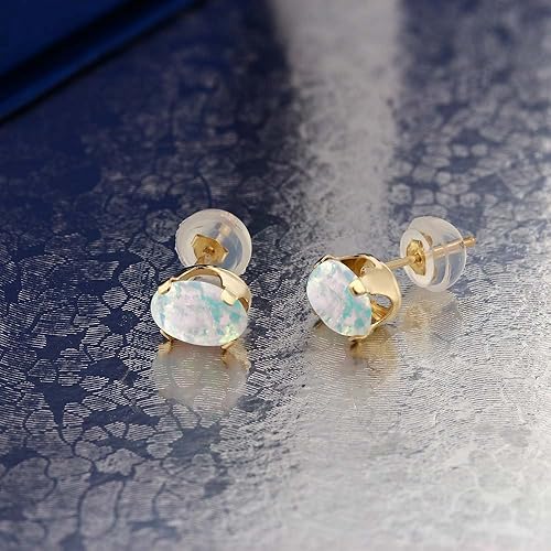 Miniatura 3 de Gem Stone King Aretes tipo dormilona de oro amarillo de 14 quilates con ópalo blanco de imitación de 0.276 x 0.197 in, de 1.26 quilates para mujeres