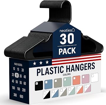 Plastic Hangers 30 Pack Made in The USA 6lb Capacity Standard Clothes Hangers with Notches and Reinforced Edges for Dresses, Lingerie, Shirts, Pants, and Jackets Black