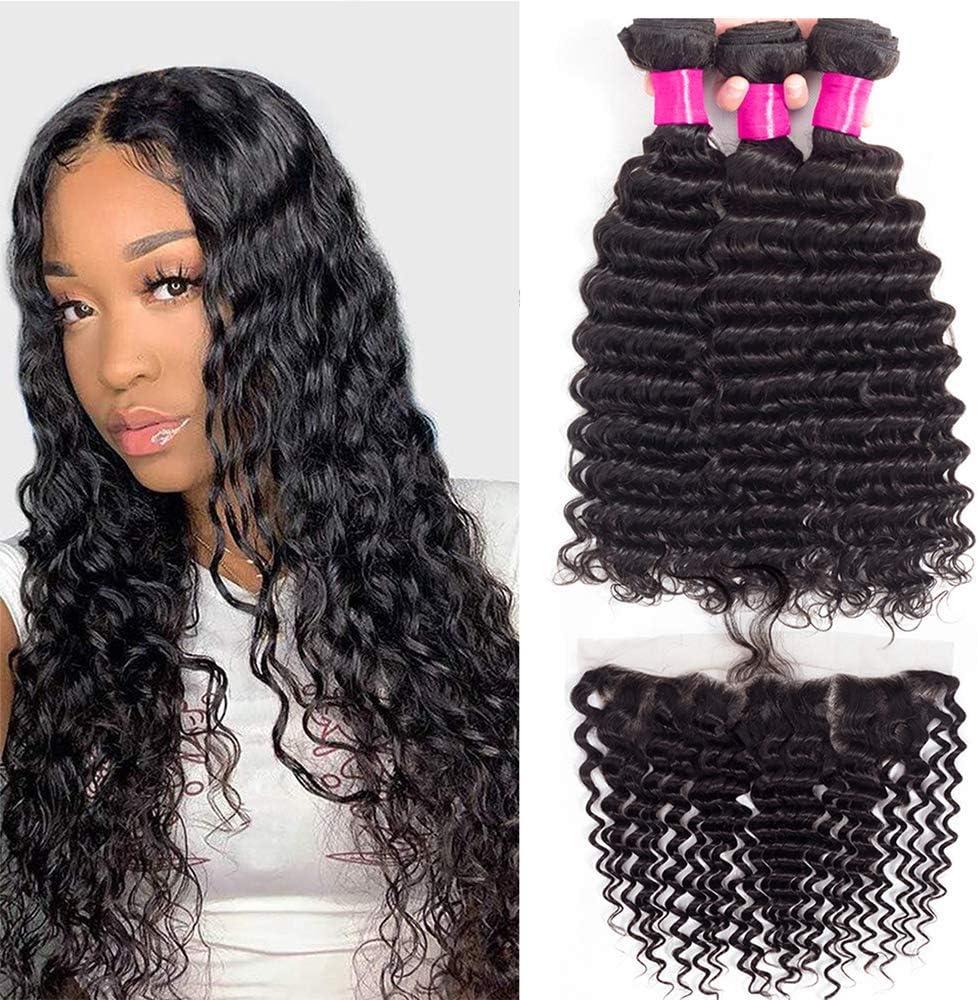 (24 26 28+22, 3 Bundles and Frontal) - Virgin Brazilian Deep Wave Human Hair (24"26"28"+22") Weave Bundles with Frontal Lace Free Part 13x4 Ear To Ear with Baby Hair for 130% Density Human Hair Lac...