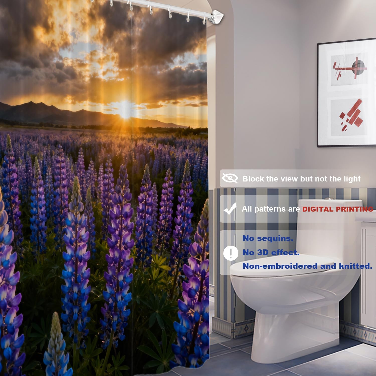 Batmerry Texas Sunset Landscape Decorative Shower Curtain, Wildflowers Bluebonnets Cute Long Wide Shower Curtain with Rust Proof Grommets for Bathroom Farmhouse Waterproof Washable