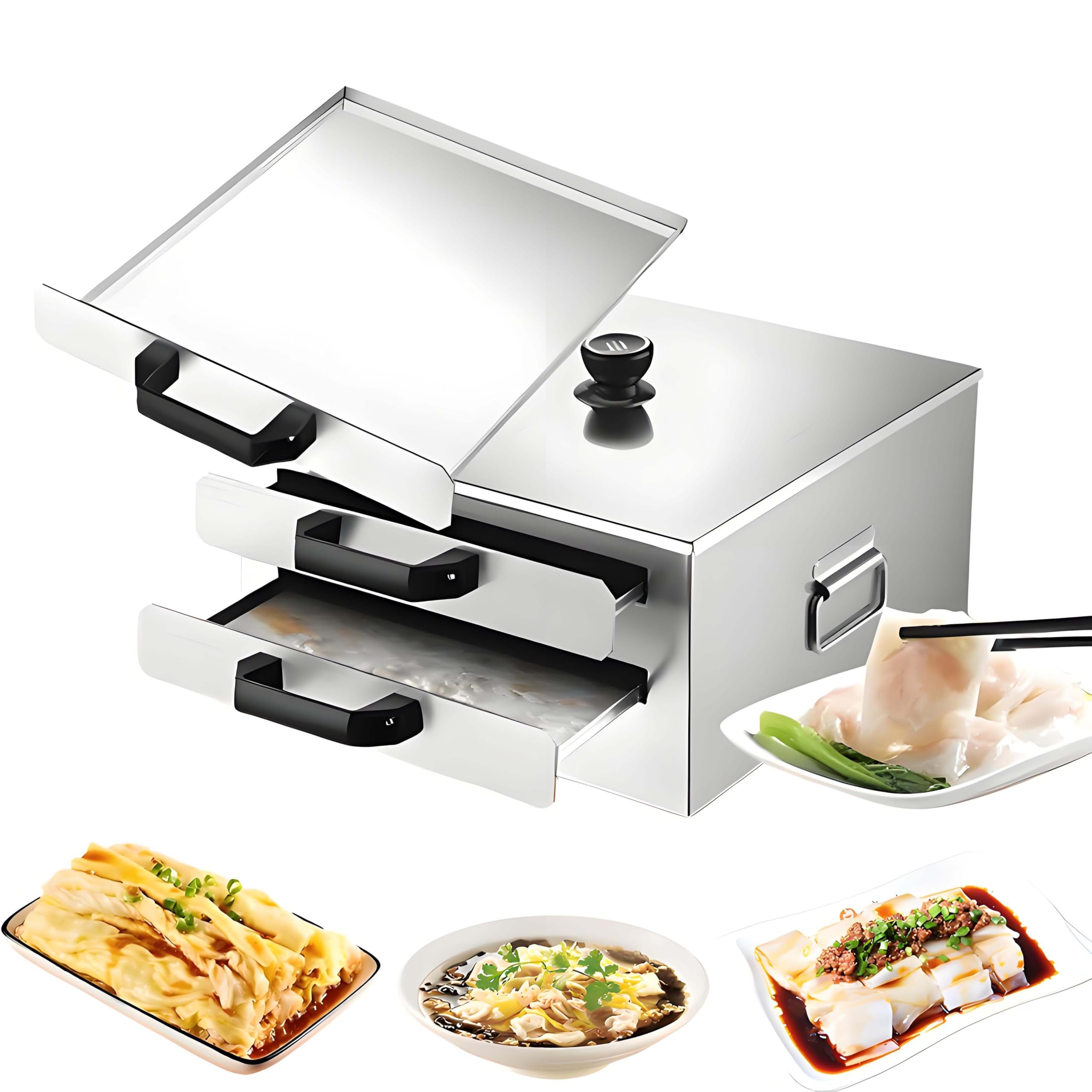 GUTYGIO Multifunctional Rice Noodle Roll Steamer, 2-Drawer Vermicelli Machine, Removable Lid, Anti Scald Handle/Rapid Heat Dissipation, for Dim Sum,Dumplings,Buns,Cheung Fun