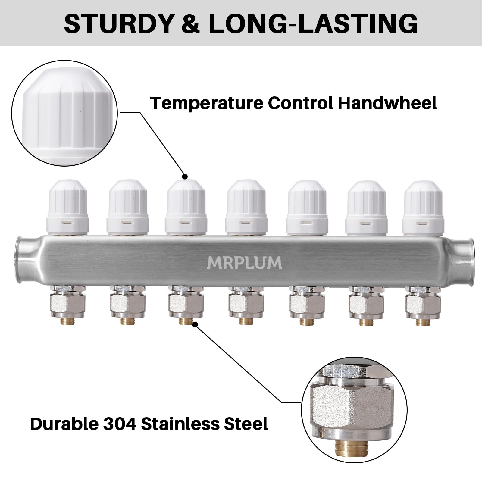 Collettore di calore radiante a 7 rami, collettore PEX in acciaio inossidabile con prese compatibili per riscaldamento a pavimento radiante Hydronic (adattatori da 1/2" inclusi)