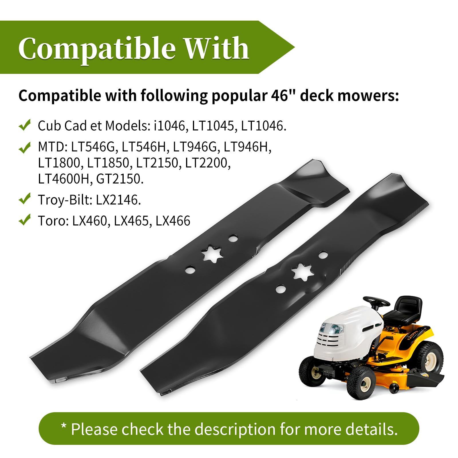 942-04125 y 942-04124 Kit de cuchillas para cortacésped de 46 pulgadas compatible con cortacésped Cub Ca det i1046 LT1045 LT1046 compatible con Toro MTD compatible con cortacésped Troy Bilt,