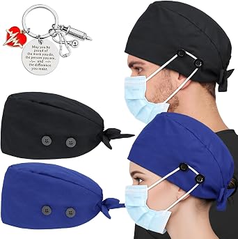 2 Pcs Satin Lined Scrub Cap Nurse Hats for Women Men 4 Buttons